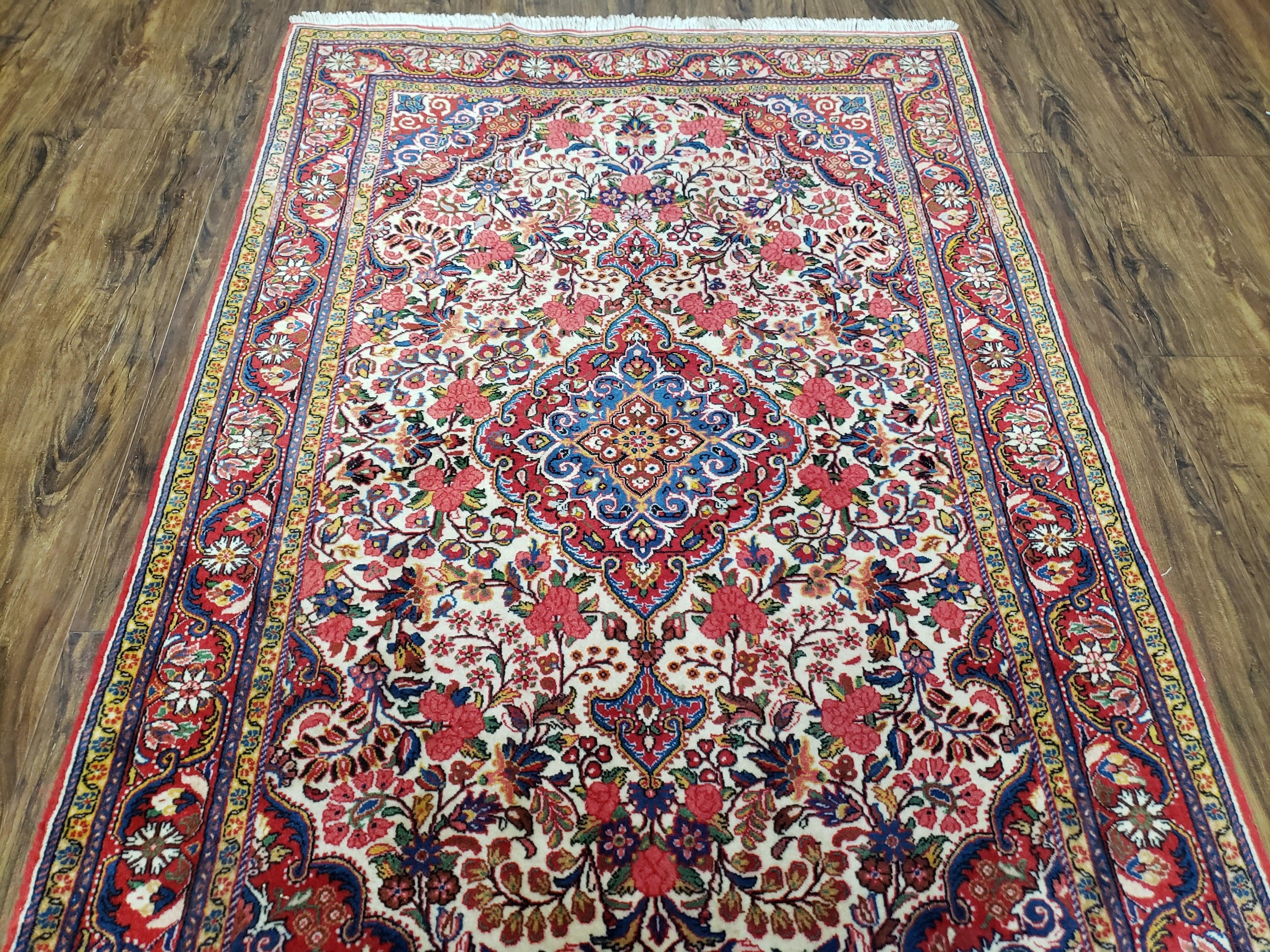 Semi Antique Persian Bidjar Rug, Ivory Red & Blue, Floral, Hand-Knotted, Wool, 3'4" x 5'3" - Jewel Rugs