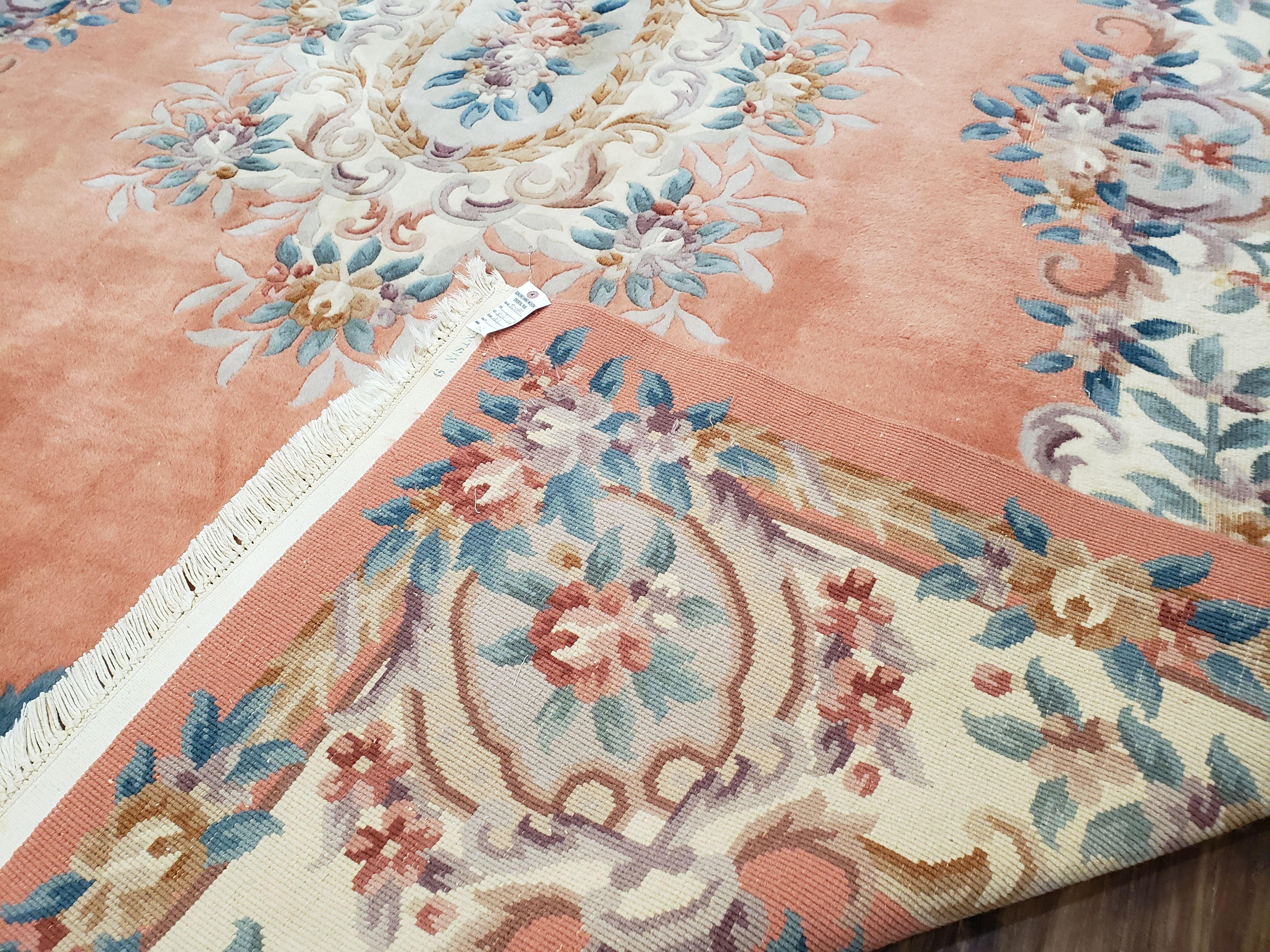 Vintage Chinese Aubusson Area Rug, Light Salmon Beige & Blue, Flowers, Plush Pile, Hand-Knotted, Chinese Art Deco Carpet, 8'3" x 11' 4" - Jewel Rugs