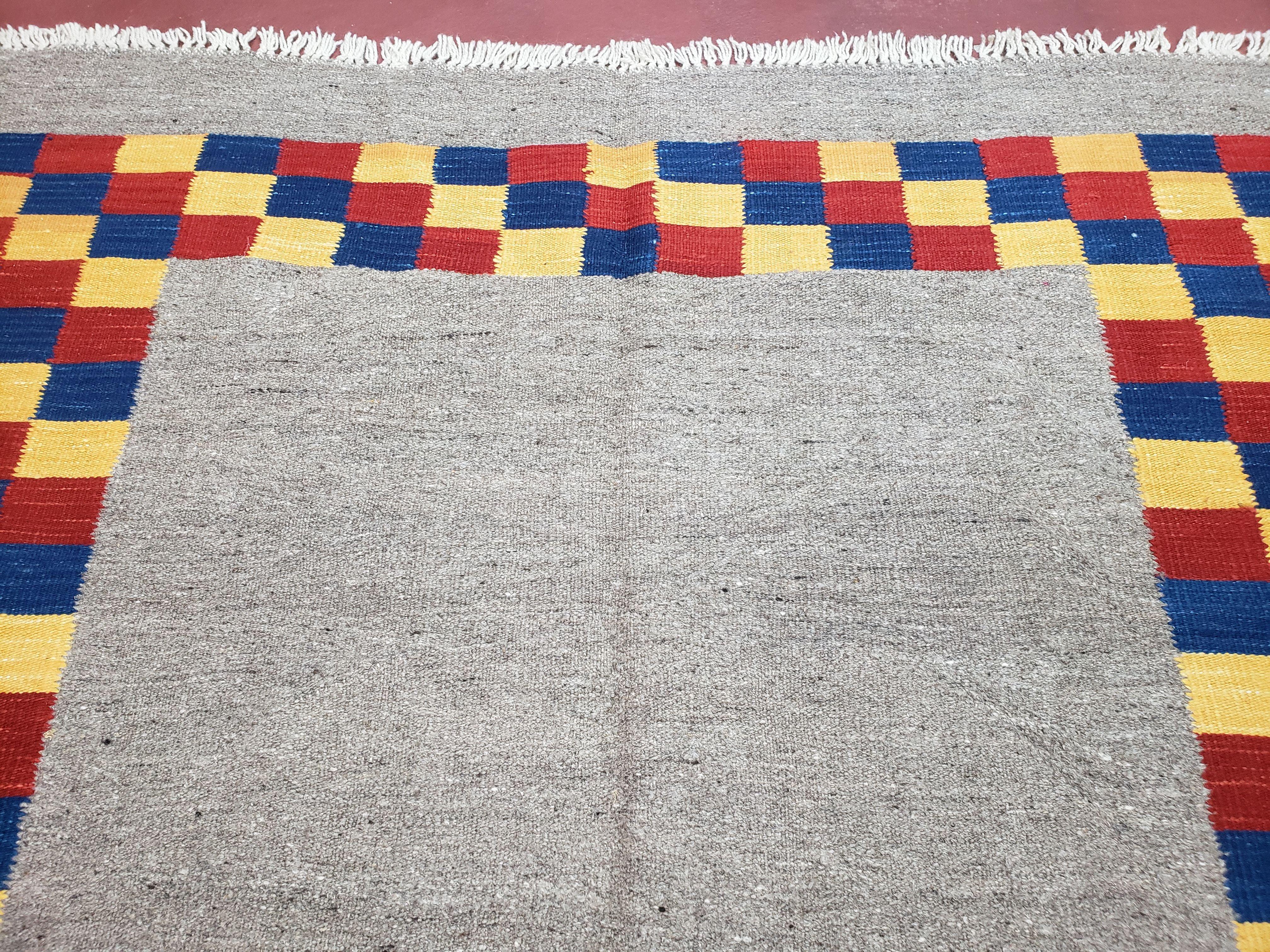 New Turkish Kilim Area Rug, Gray Carpet With Colorful Checker Border, 5'6" x 8", Flatweave Carpet, Playroom Rug, Kids Room Rug, Hand-Knotted - Jewel Rugs