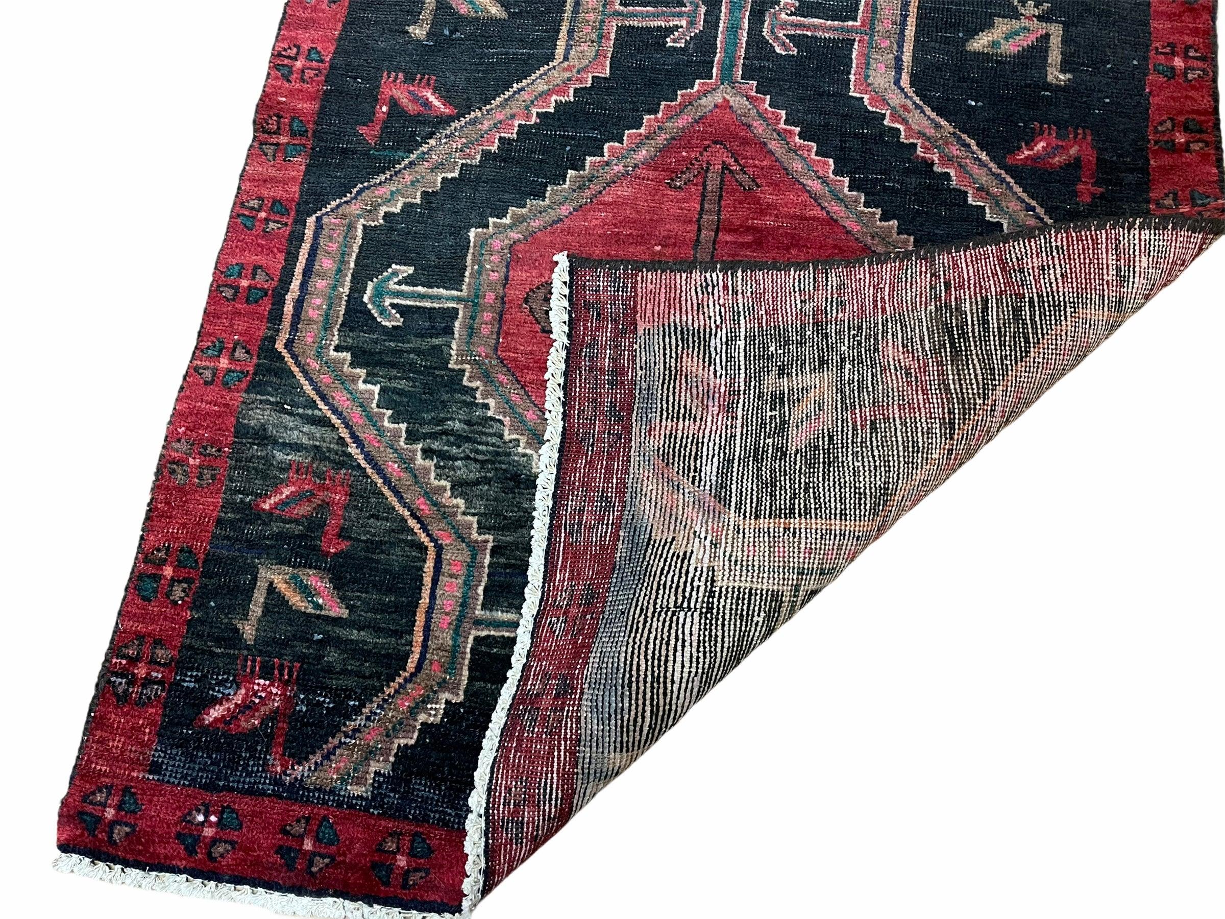 3 X 7 Handmade Wool Tribal Runner Rug Geometric Red Blue Boho Organic Dyes - Jewel Rugs