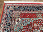 Vintage Persian Oriental Rug, Very Fine Hand-Knotted Vases and Flowers Carpet, Hand-Knotted, Wool, Red & Dark Blue, Teal, Writing, 6x9 Rug - Jewel Rugs