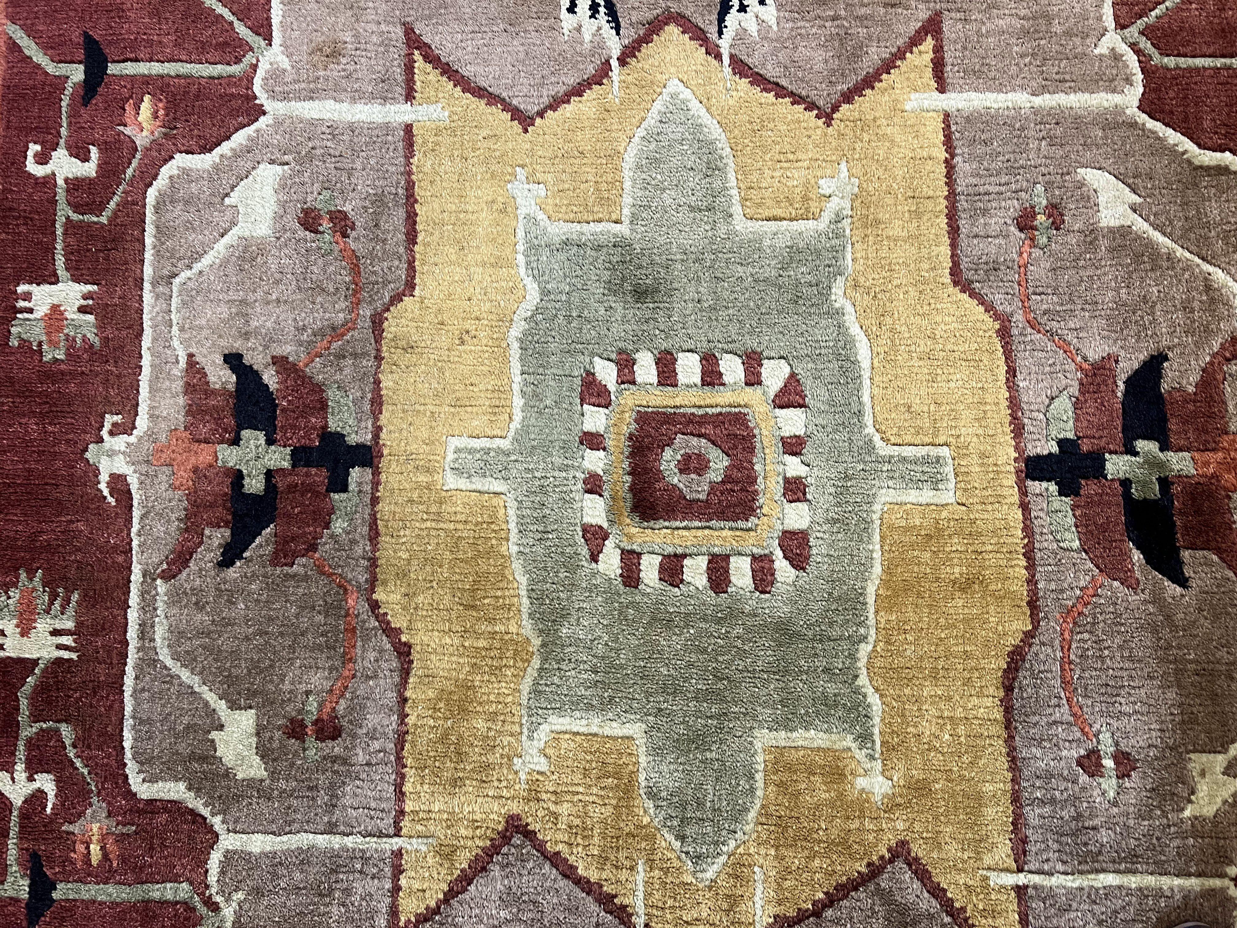 Tibetan Rug 7x10, Geometric Medallion, Red Green Taupe, Hand Knotted, Soft Wool Area Rug, Contemporary Carpet, Handmade Nepali Rug 7 x 10 ft - Jewel Rugs