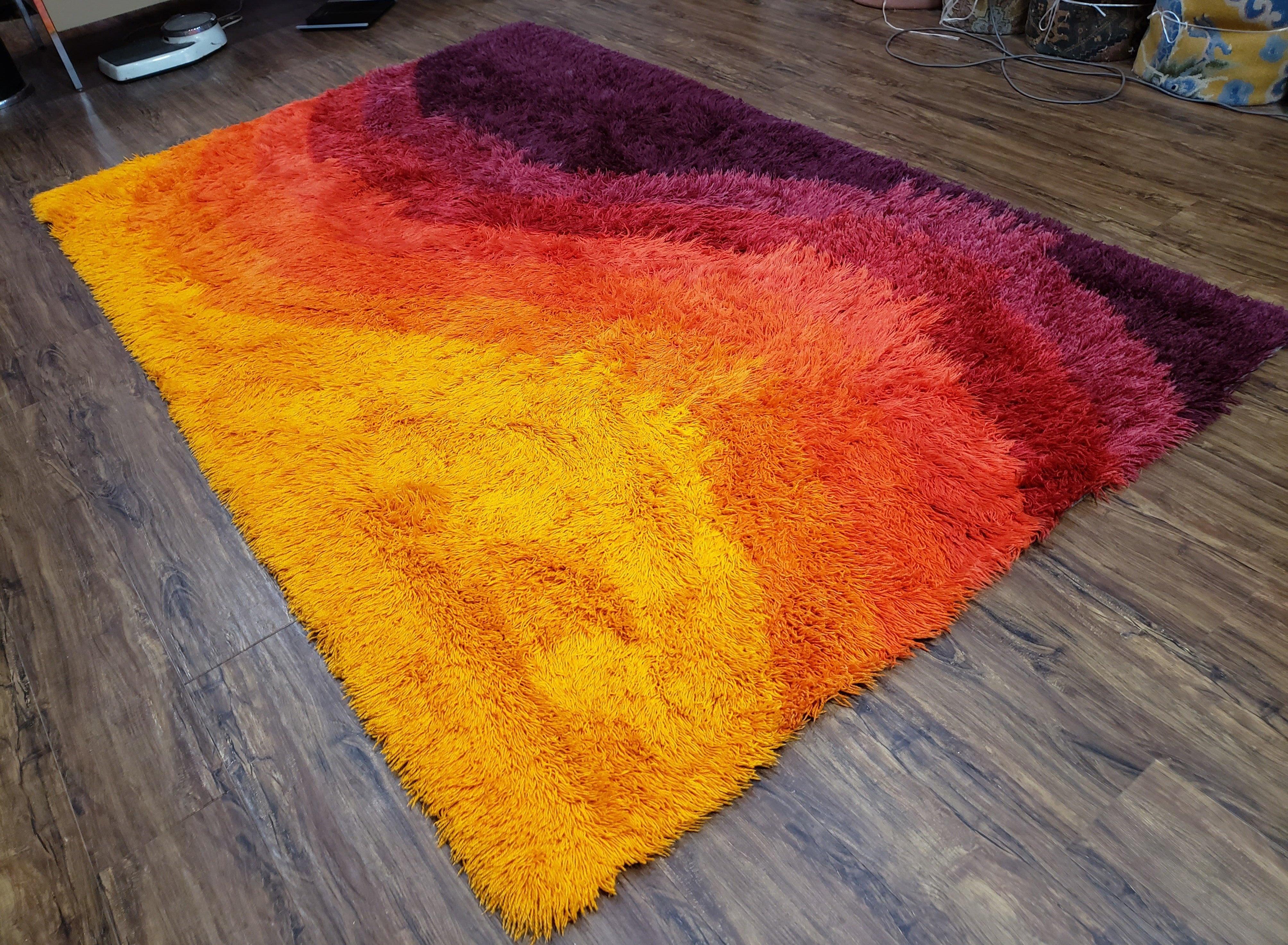 Rya Shag Rug 6x9, Mid-Century Ege Rya Area Rug, Orange Red Purple Danish Shag Rug, 6 x 9 Modern Abstract Carpet, 1960s Living Room Rug - Jewel Rugs