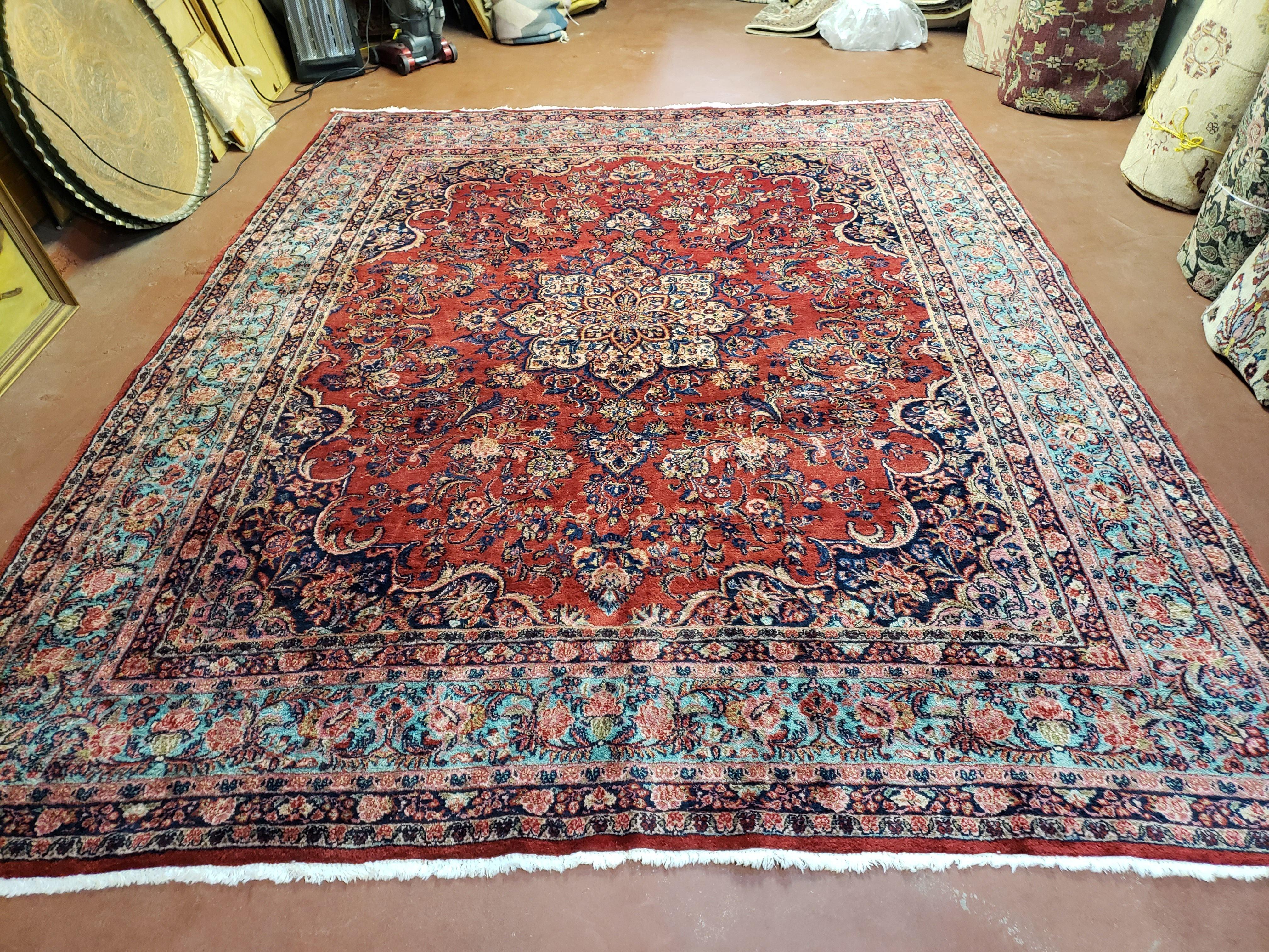 9x11 Antique Red & Sky Blue Turkish Rug Hand-Knotted Vintage Persian Carpet Wool High Quality Authentic Oriental Rug - Jewel Rugs