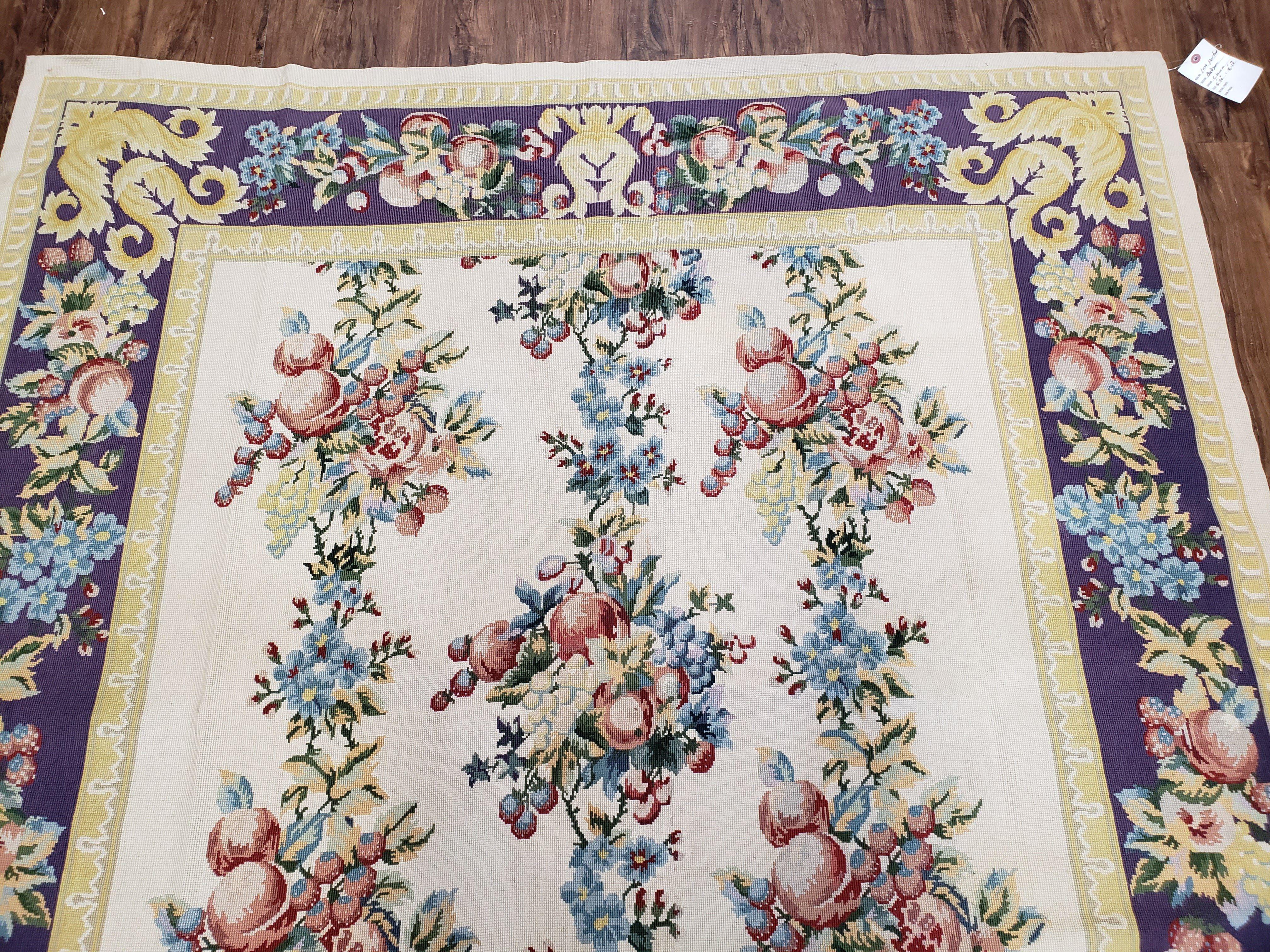 Vintage Chinese Floral Needlepoint Area Rug 6x9, Wool Hand-Woven Handmade Flatweave Rug, Ivory & Purple, Fruits Grapes Apples, Dining Room - Jewel Rugs