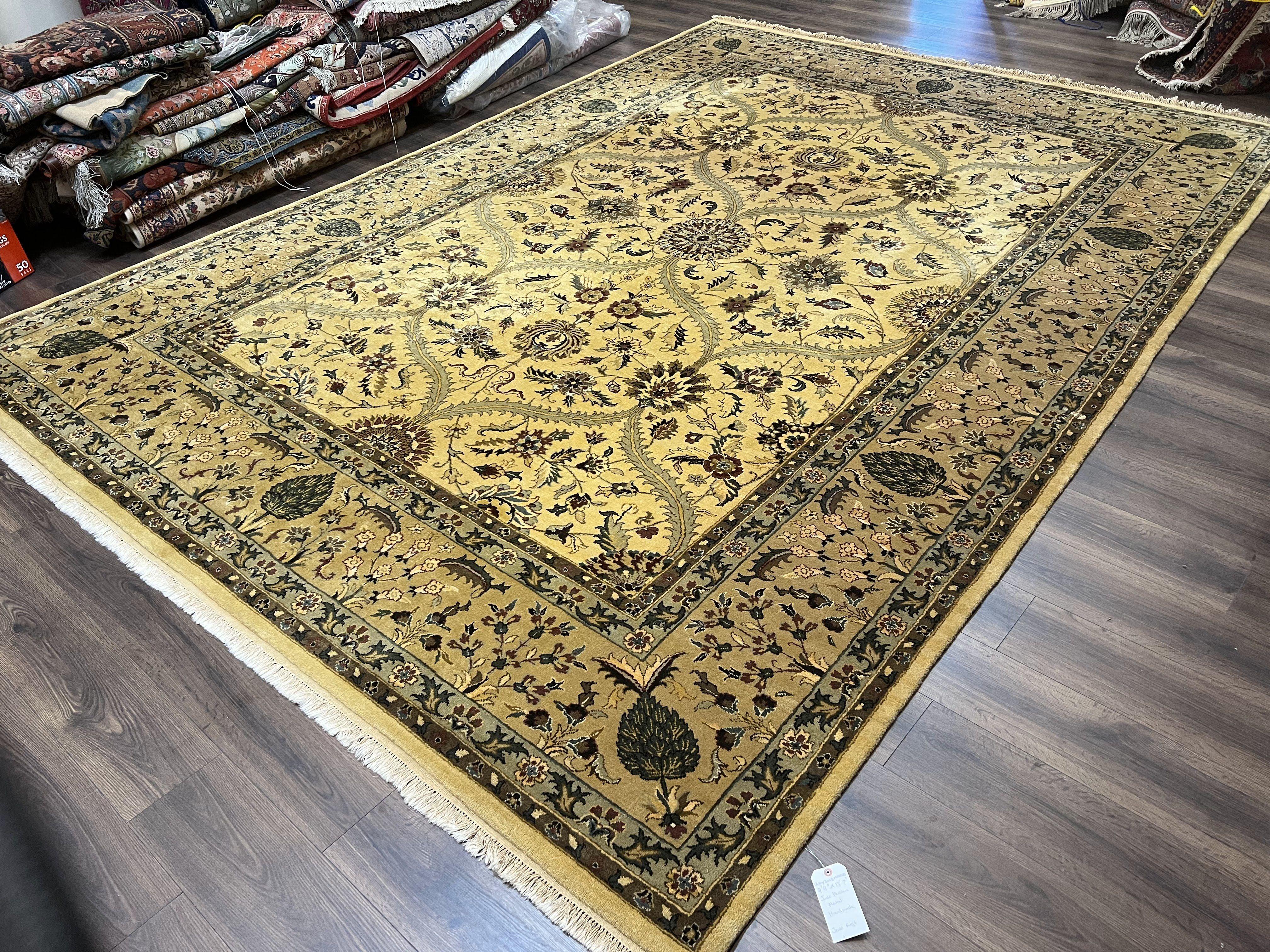 Indo Persian Mahal Rug 10x14, Wool Hand Knotted Oriental Carpet, Cream Floral Allover, Vintage Area Rug 10 x 14, Traditional Rug, Handmade - Jewel Rugs