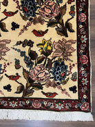 Persian Bidjar Rug 3.6 x 5 ft, Repeated Floral Motifs, Roses and Birds, Cream Burgundy, Fine Wool Oriental Bijar Carpet, Vintage Traditional Area Rug - Jewel Rugs