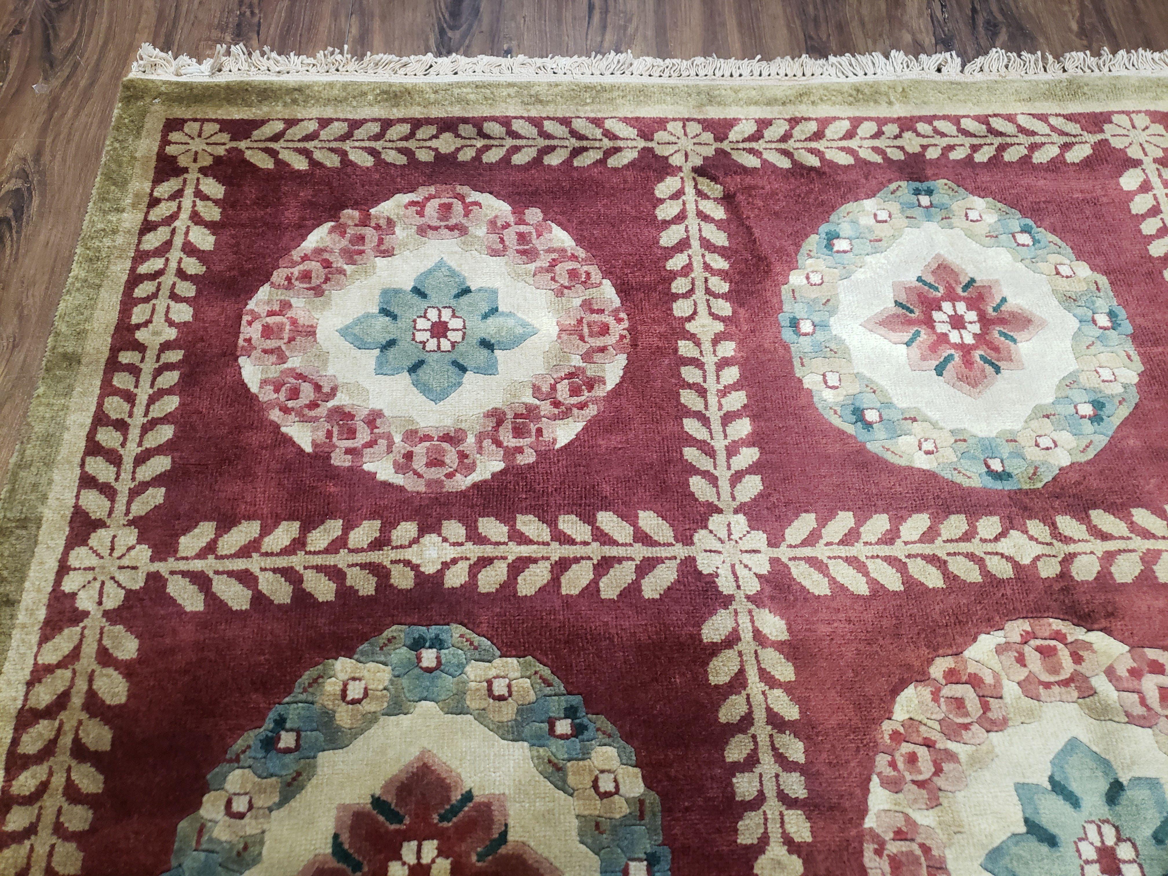 Nepalese Aubusson Panel Rug 6x9, Red & Ivory Soft Plush Tibetan Pile Rug, Wool Hand-Knotted Carpet, 6 x 9 Elegant Area Rug, Office Room Rug - Jewel Rugs