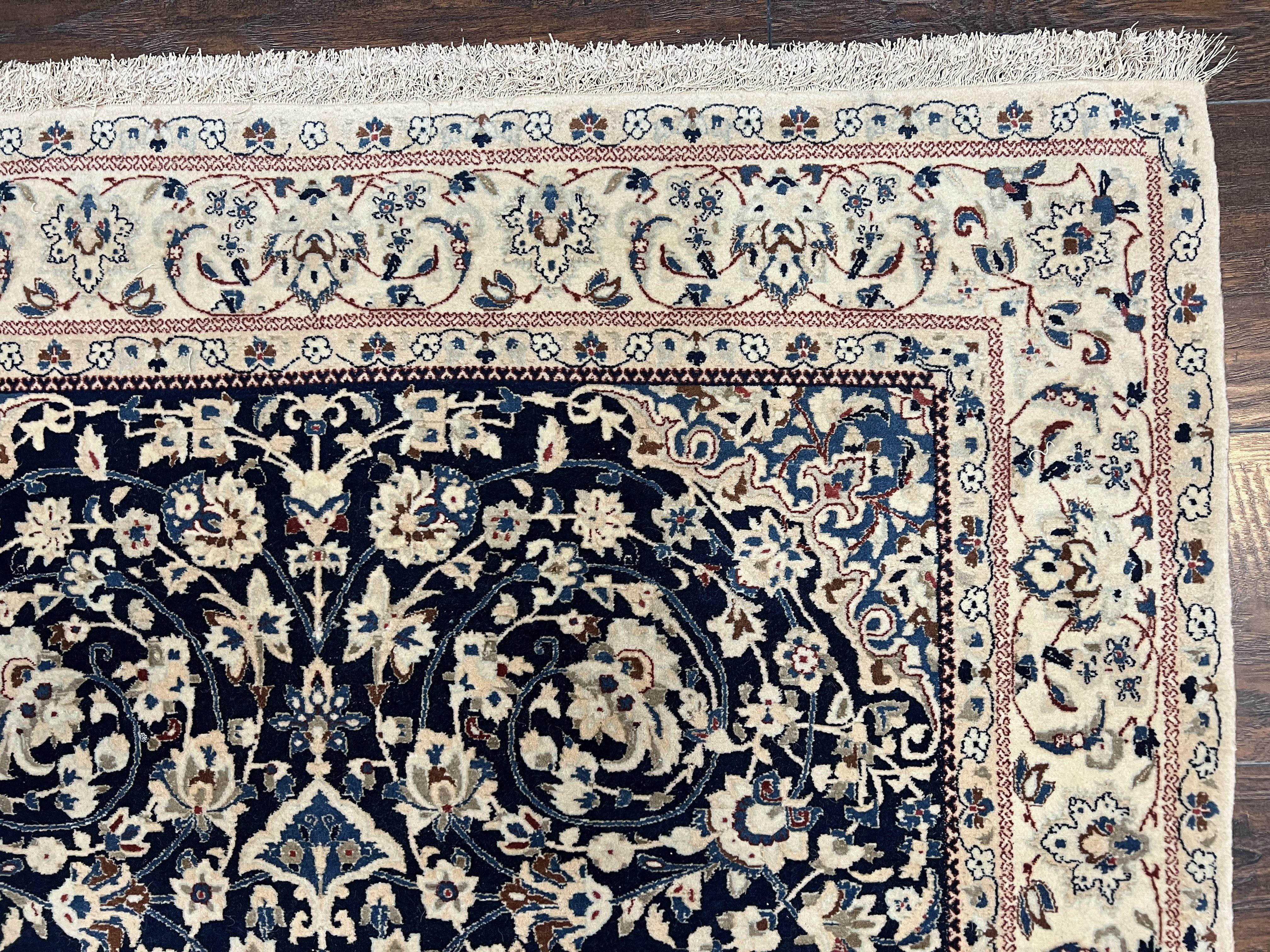 Very Fine Persian Nain Rug 3.7 x 6, Floral Medallion, Wool and Silk Accents, Highly Detailed, Hand Knotted Oriental Carpet, Navy Blue Ivory/Cream - Jewel Rugs