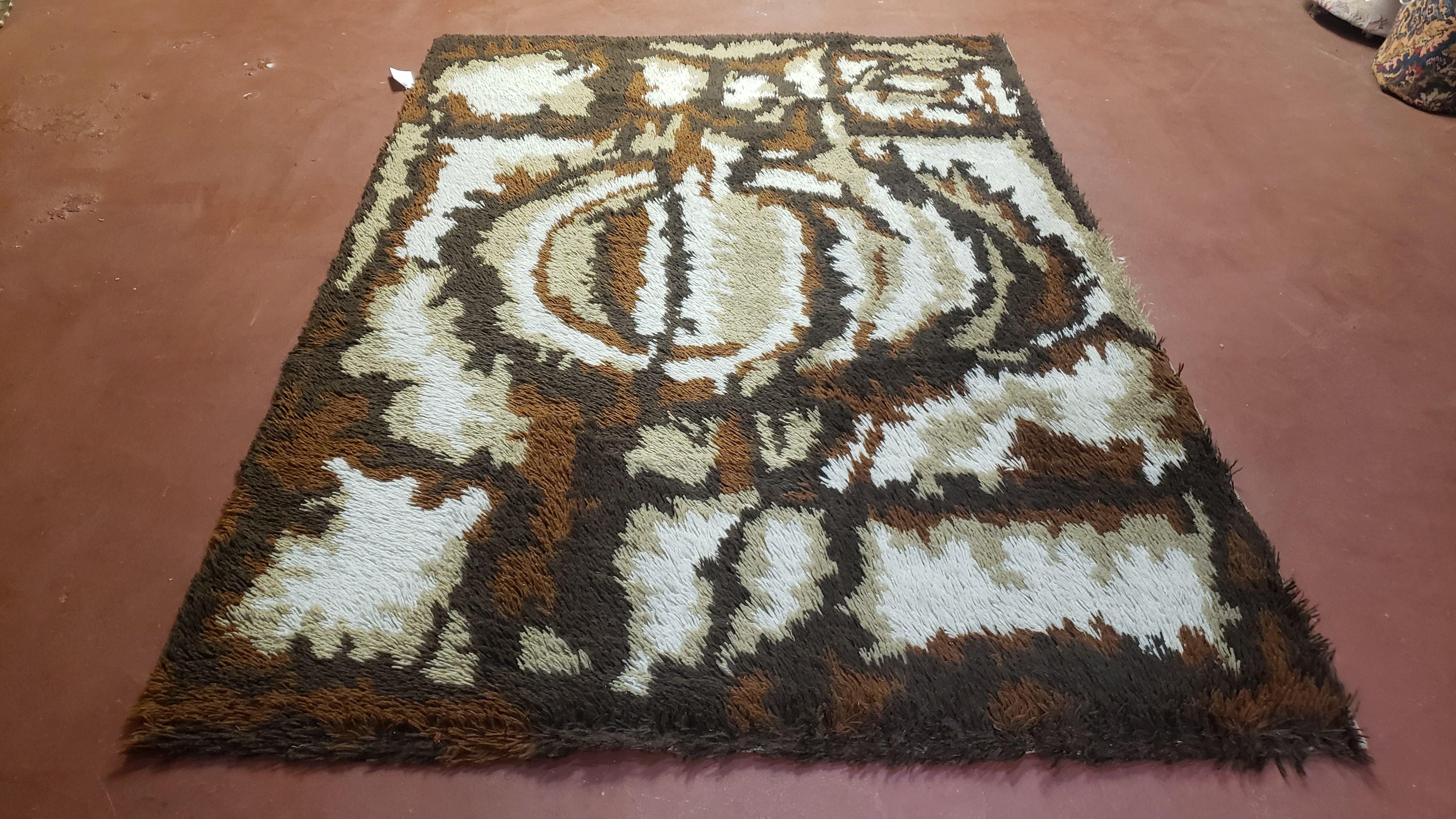 4.7 x 6.7 Rya Rug Danish Mid-Century Shag Rug Modern Abstract 1960s Carpet Brown Cream Tan Beige Area Rug 4x7 5x7 4x6 5x6 - Jewel Rugs