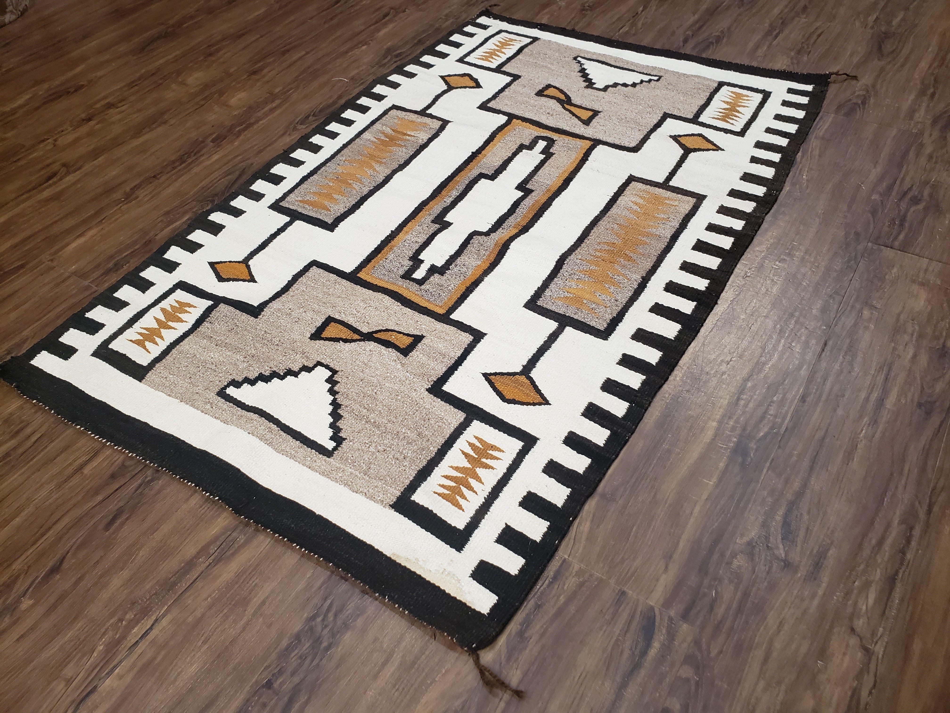 Antique Navajo Rug 3x5, Collectible Native American Blanket, Wool Hand Woven, Ivory Black Indian Tribal Rug, Vintage Navajo Textile - Jewel Rugs