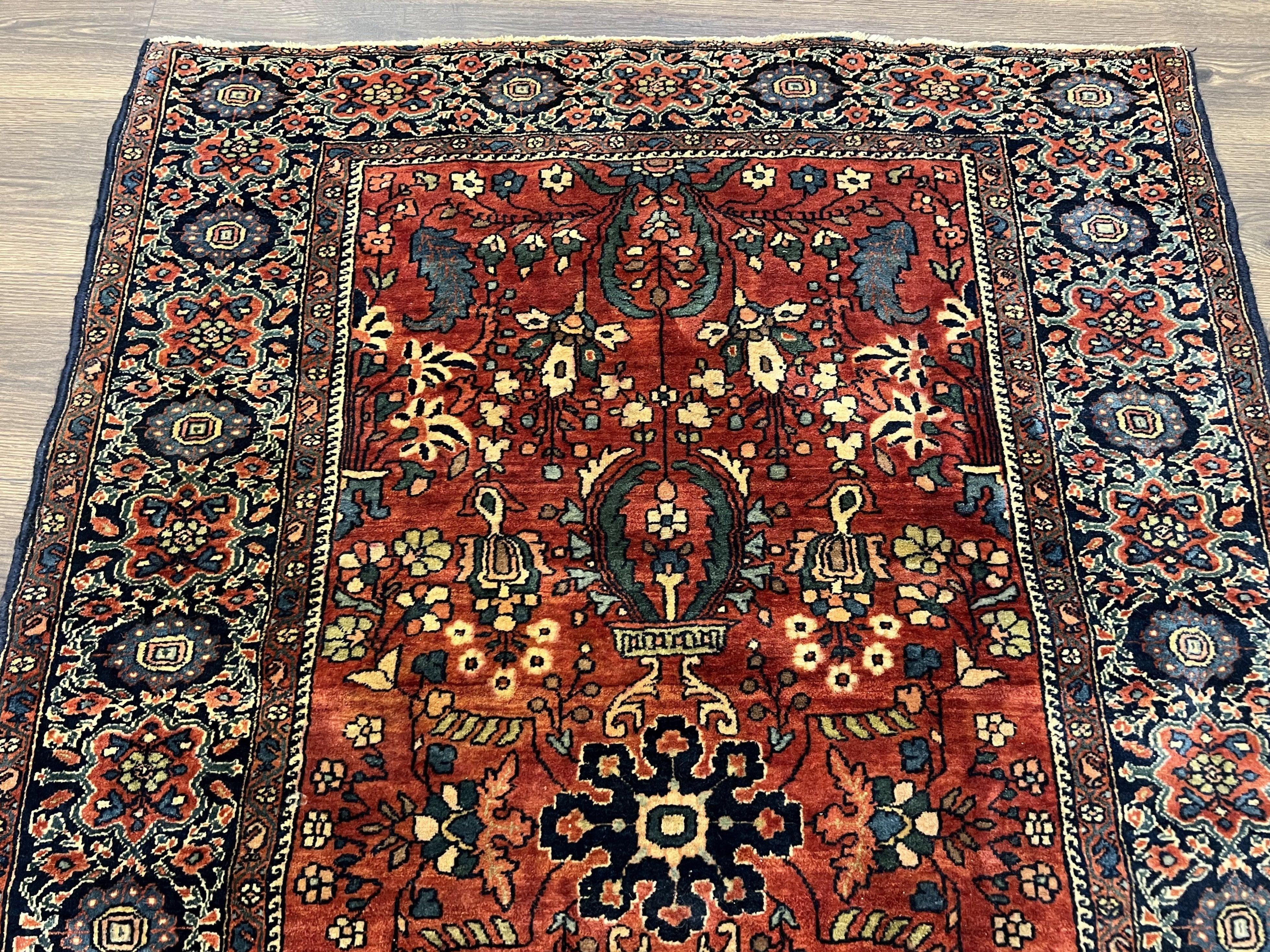 Beautiful Antique Persian Sarouk Farahan Rug 3x6, Red Navy Blue Oriental Carpet, Wool Handmade Rug, High Quality Collectible 1920s Feraghan Rug - Jewel Rugs