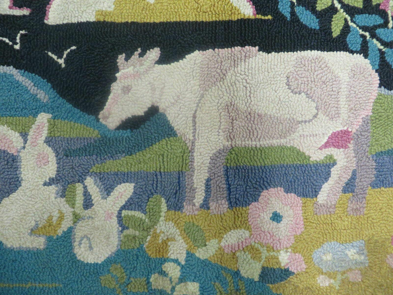 2' X 3' 7" Vintage American Handmade Hooked Rug COW RABBIT Farm Nice - Jewel Rugs