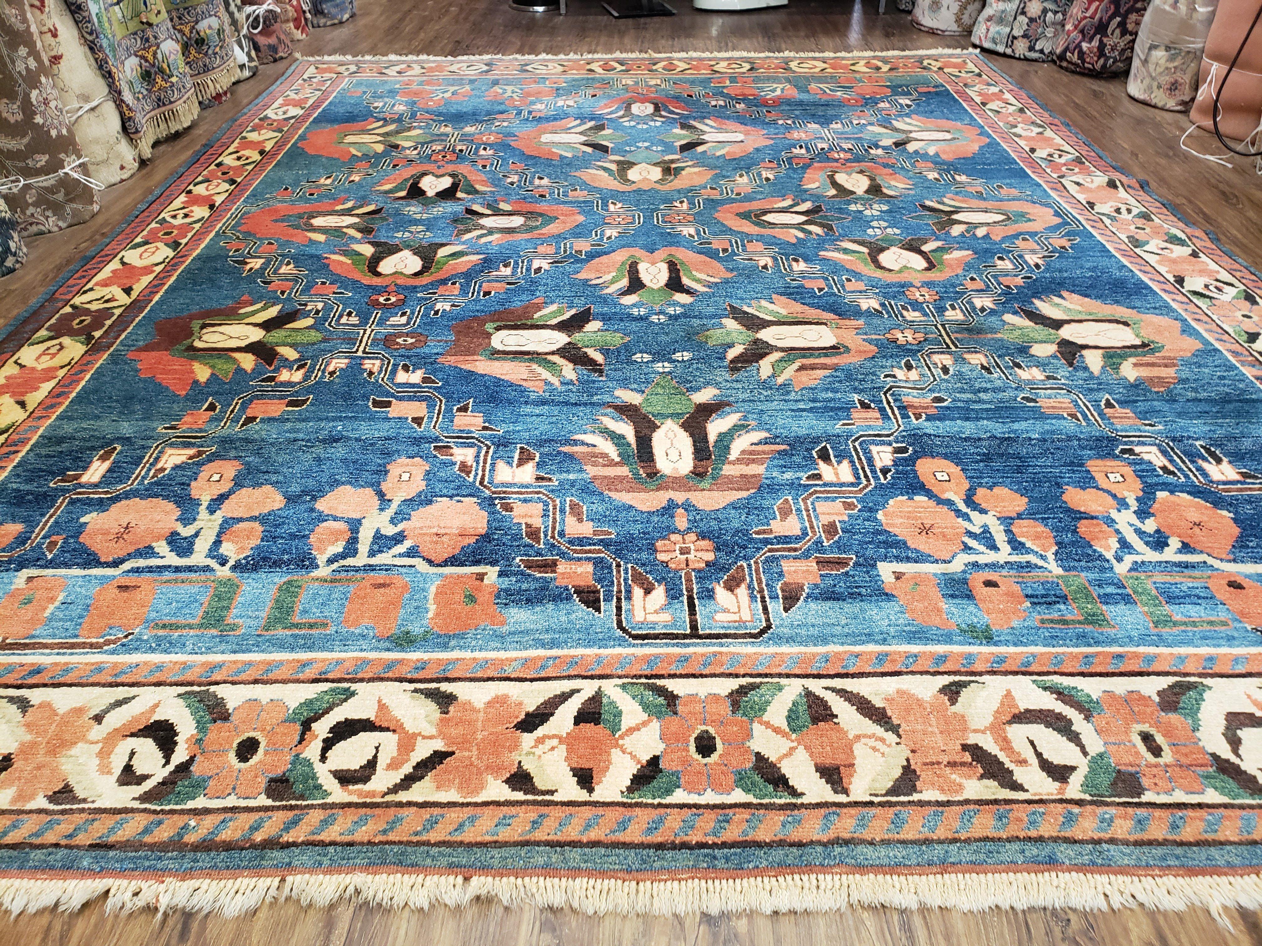 Blue Turkish Rug, Colorful Heriz Serapi Rug, Blue and Red Orange, Handmade Area Rug, Wool Rug, 9x12 Rug, Room Sized Rug, Large Play Room Rug - Jewel Rugs