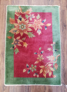 Small Nichols Rug 2x3, Chinese Nichols Rug, Antique Nichols Rug, Chinese Art Deco Accent Rug, Pinkish Red and Green, Flowers, Rare, Asian - Jewel Rugs