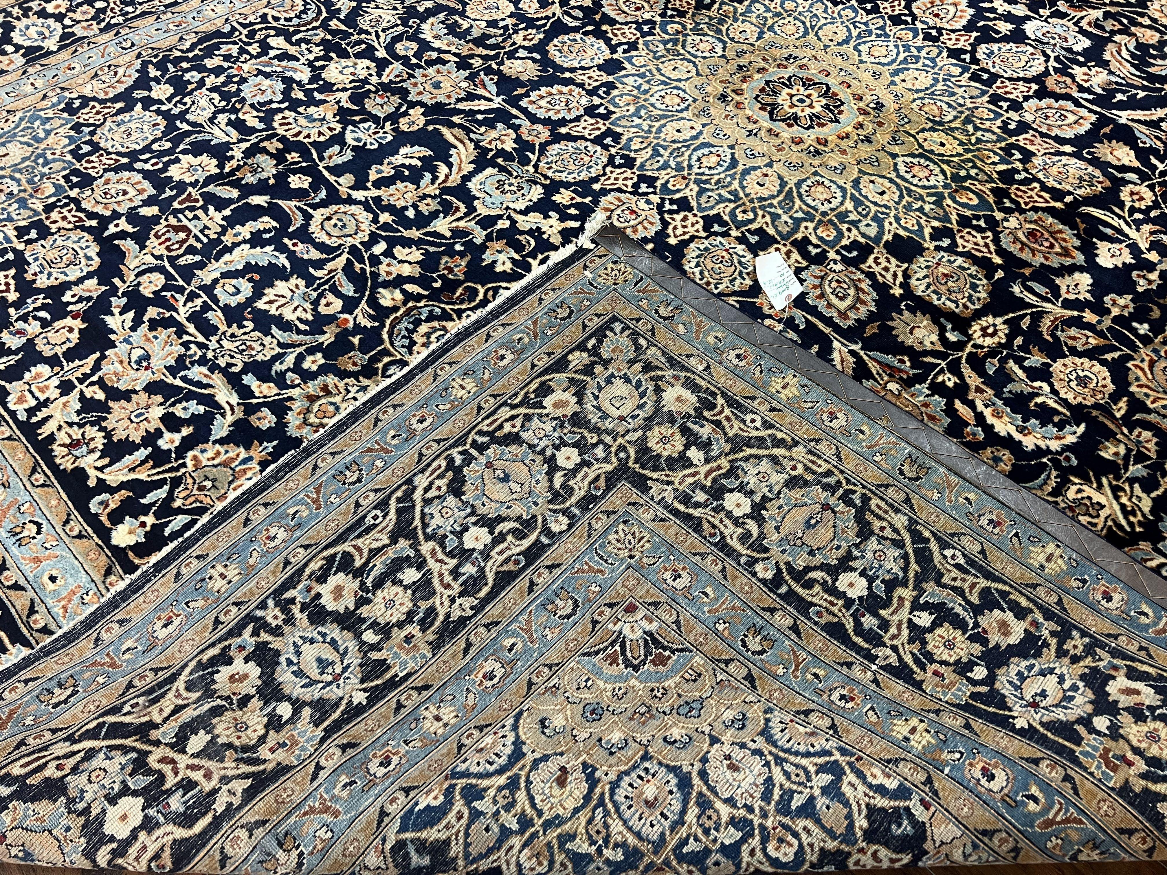 Wonderful Persian Kashan Rug 10x13, Navy Blue Light Blue Tan, Hand Knotted Wool Oriental Carpet Floral Allover Medallion 1950s Semi Antique Vintage - Jewel Rugs