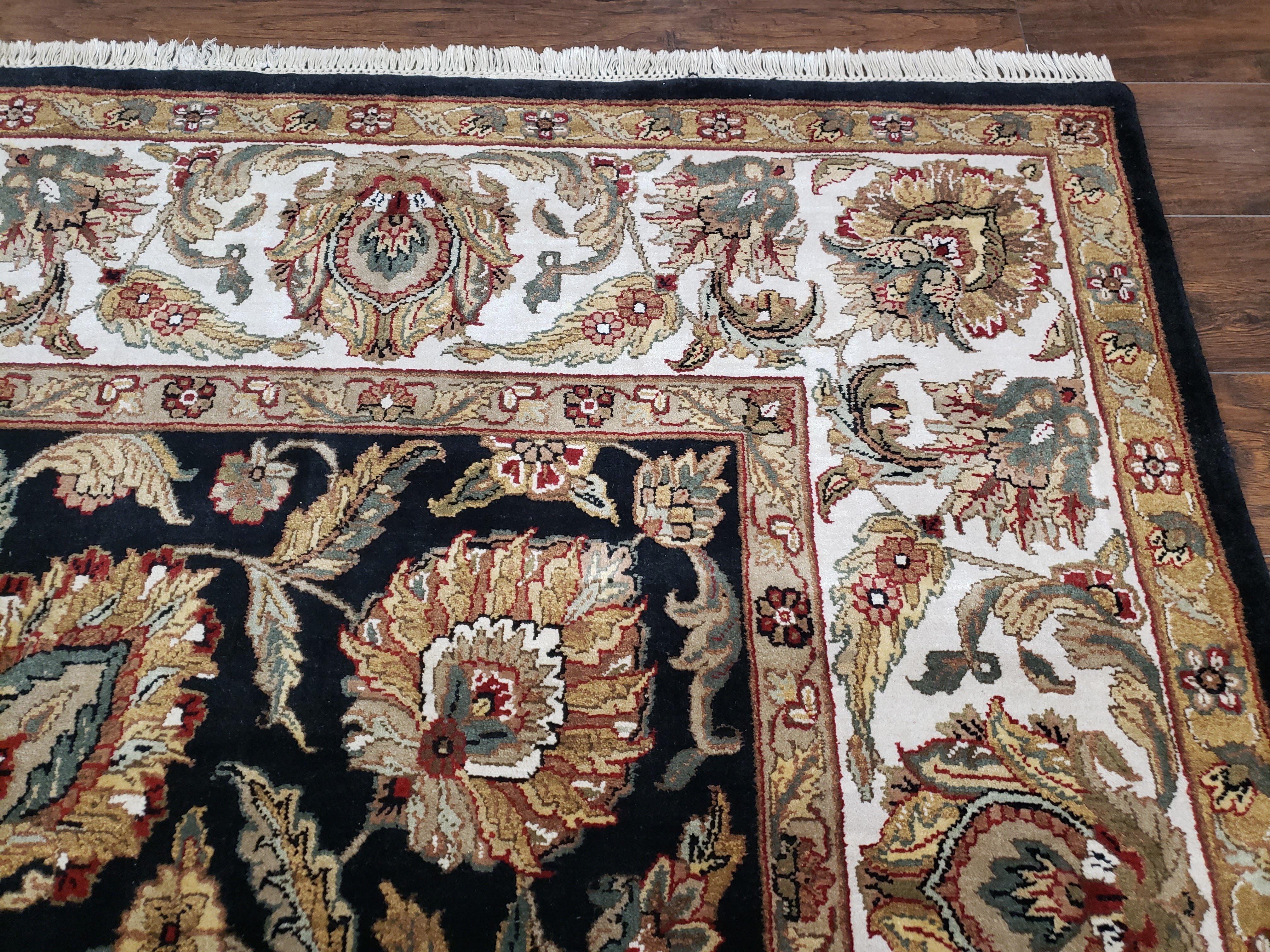 Indo Mahal Rug 9 x 12.6, Room Sized Indian Carpet, Black Ivory Tan, Handmade Wool Area Rug for Living Room, Large Floral Design Allover - Jewel Rugs