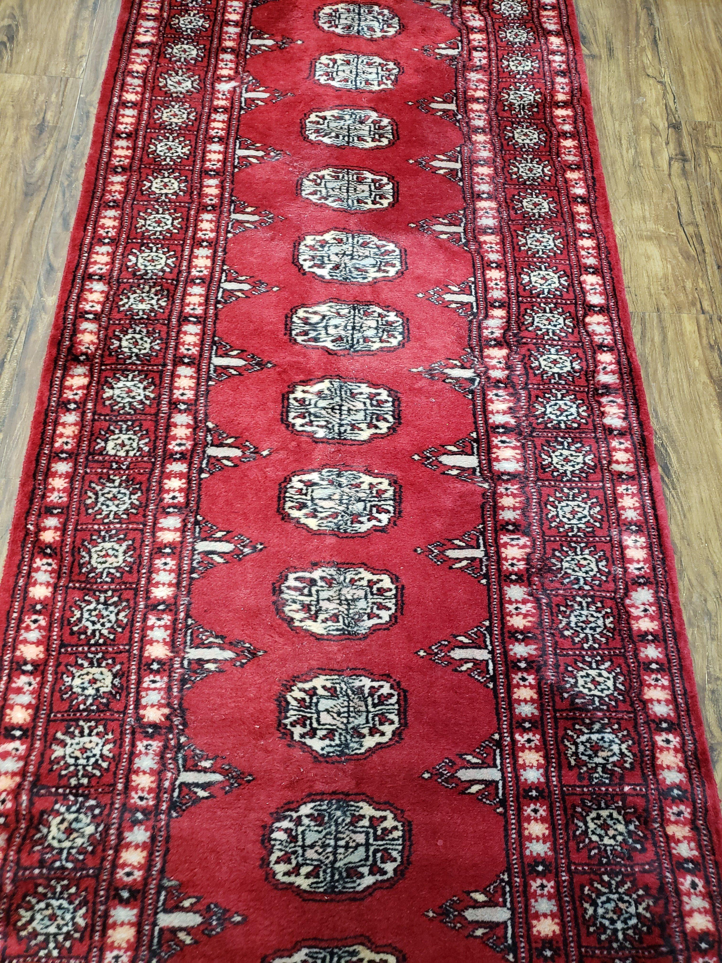 Vintage Bokhara Runner Rug 2.6 x 14, Wool Hand-Knotted Red & Ivory Pakistani Turkoman Yamud Hallway Carpet, Long Skinny Oriental Runner 14ft - Jewel Rugs