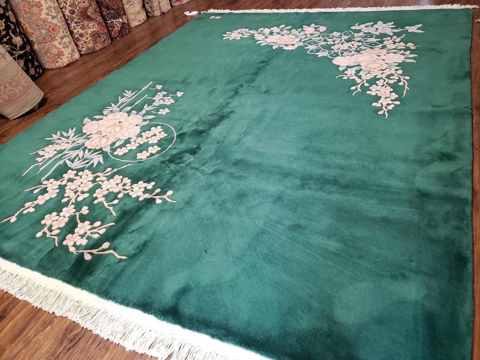 8' X 10' Vintage Handmade Chinese Art Deco Dark Green 120 Line Wool Area Rug with Flowers - Jewel Rugs