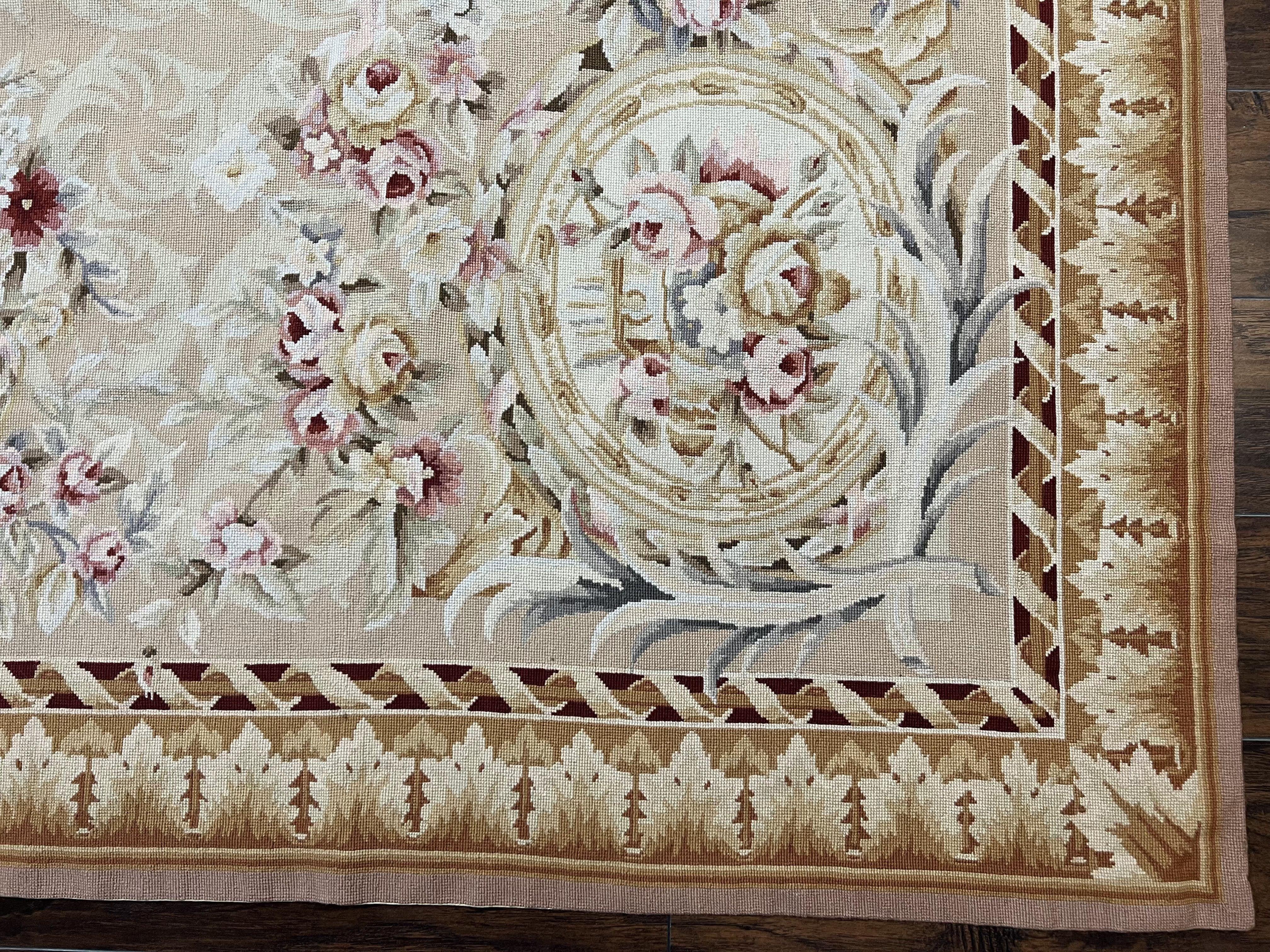 Aubusson Rug 9x12, Elegant Savonnerie Carpet 9 x 12 ft, Beige Ivory Tan, Floral, Flatweave Wool Handmade Area Rug 9 x 12 ft, European French - Jewel Rugs