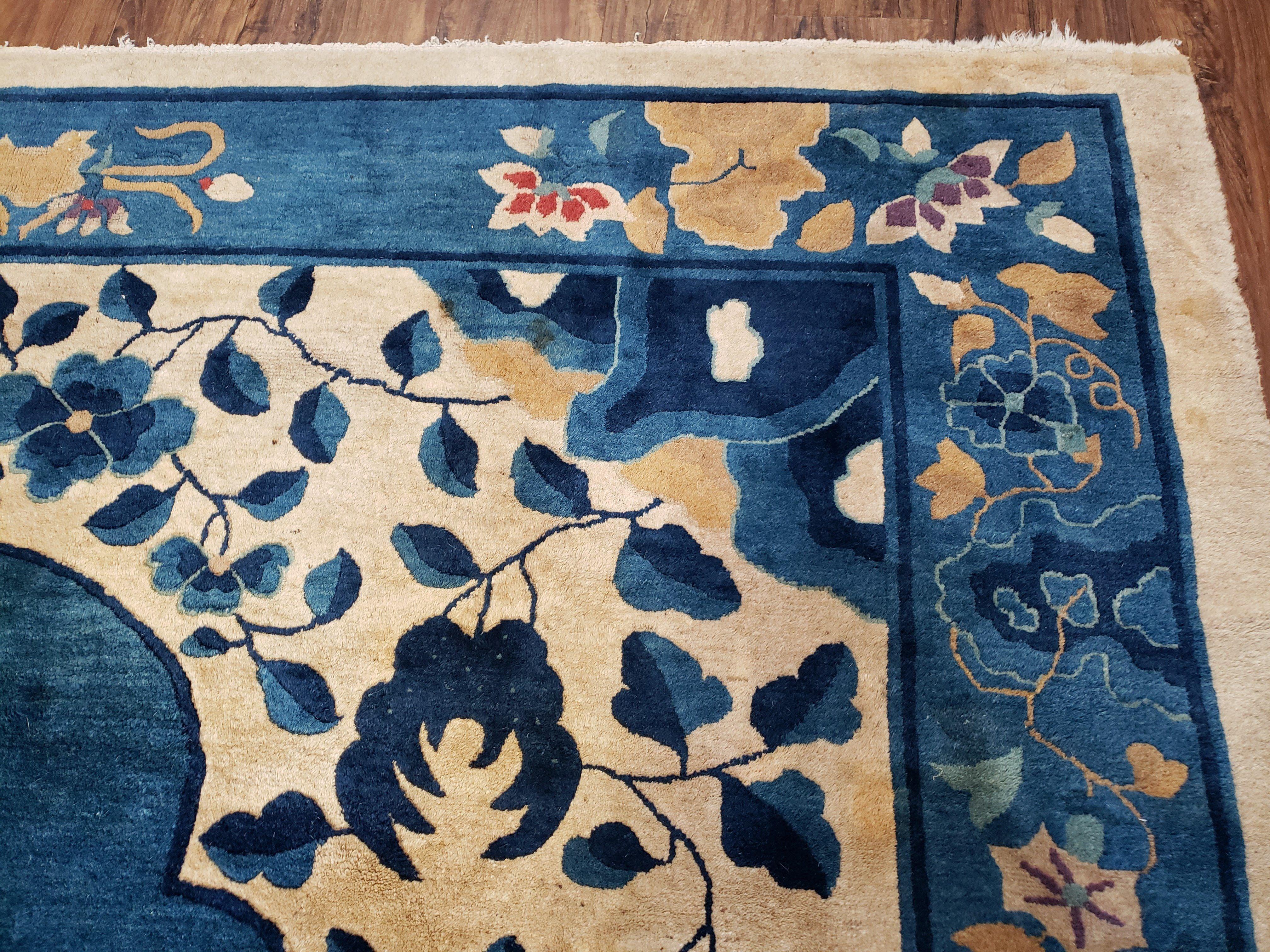 1920s Antique Chinese Art Deco Rug 8x10, Hand-Knotted Asian Oriental Area Rug 8 x 10, Blue & Beige Peking Carpet, Nice Chinese Floral Motifs - Jewel Rugs