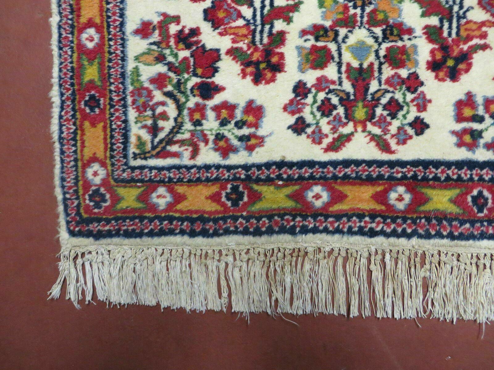 Small Persian Rug 2 x 3, Tiny Persian Sarouk Carpet, Cream Navy Blue Red, Floral Medallion, Vintage Wool Rug, Handmade Hand-Knotted Oriental Rug - Jewel Rugs