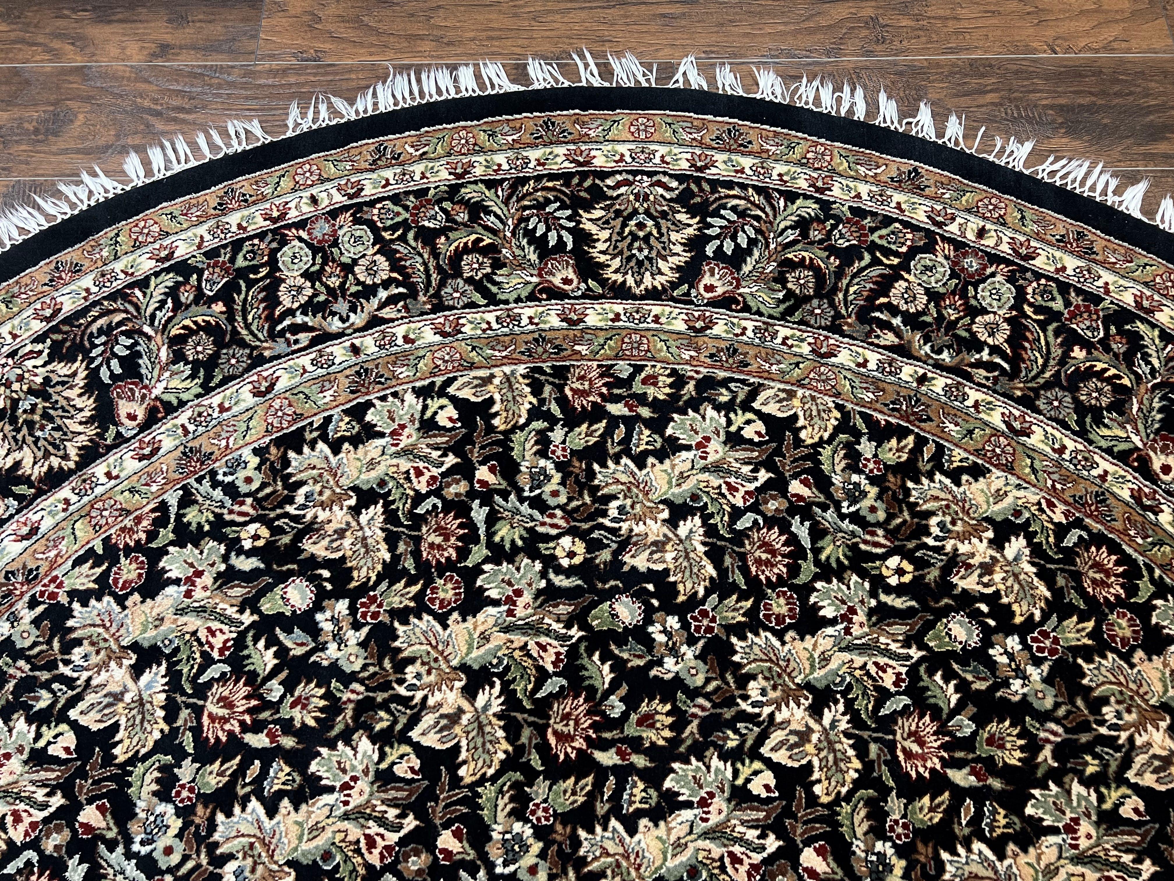 Round Oriental Rug 8x8 ft, William Morris Floral Pattern Carpet, 8 x 8 ft Round Rug, Black Cream and Tan 8ft Round Handmade Indo Persian Rug - Jewel Rugs