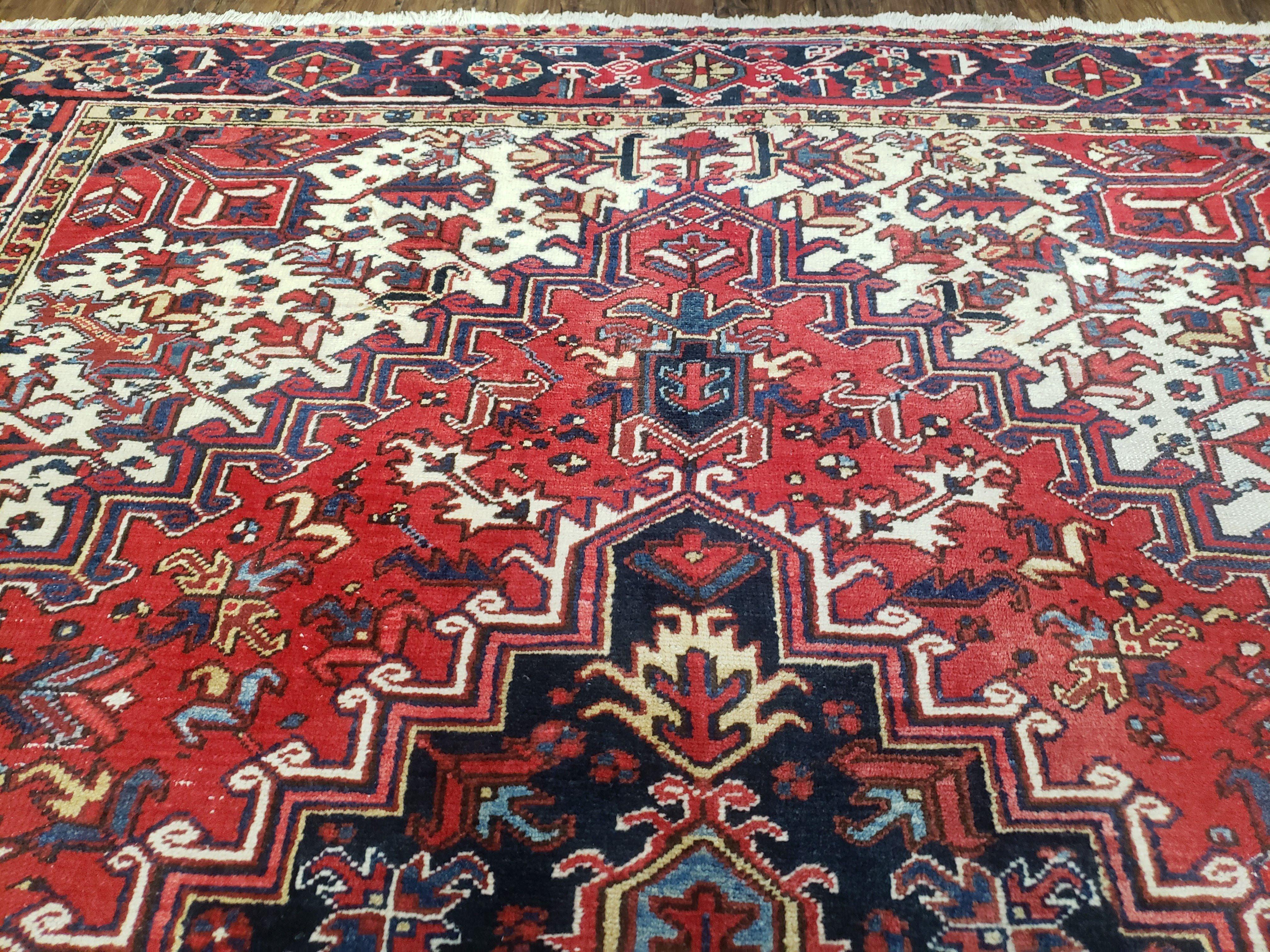 Semi Antique Persian Heriz Rug, Red Ivory & Blue, Hand-Knotted, Wool, 8'4" x 10'8" - Jewel Rugs