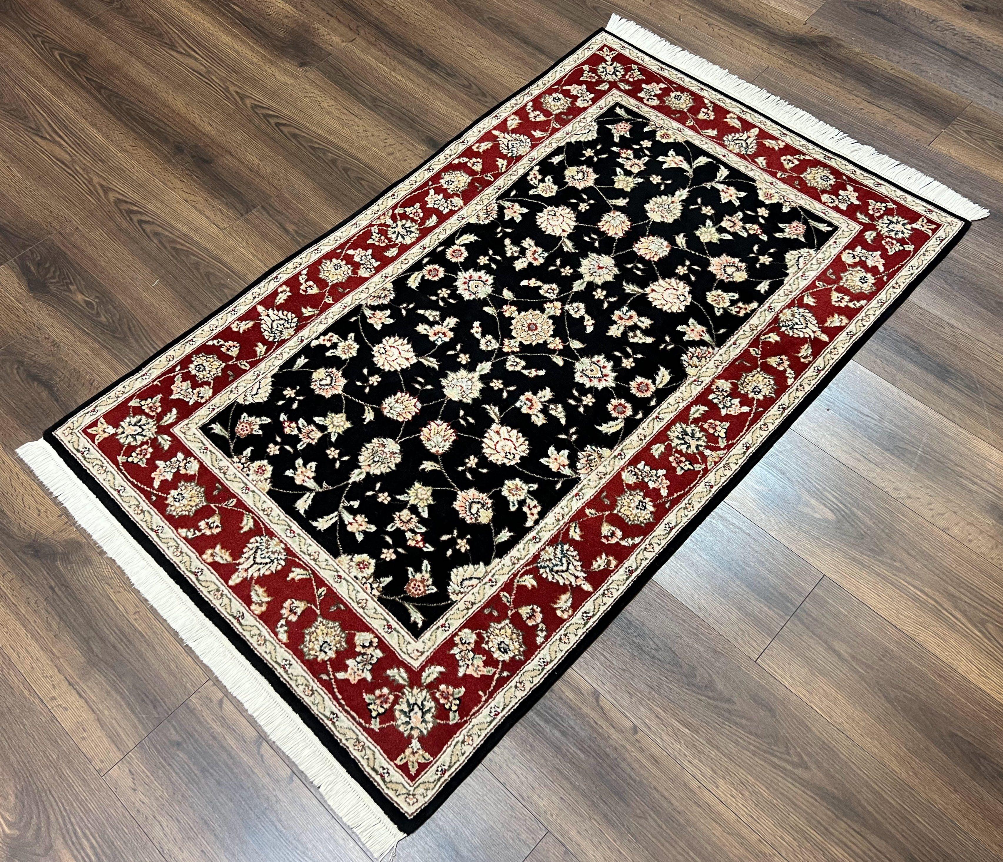 Pak Persian Rug 3x5, Black and Red, Floral Allover, Vintage Hand Knotted Wool Oriental Carpet, Pakistani Rug, Small Handmade Area Rug 3 x 5 - Jewel Rugs