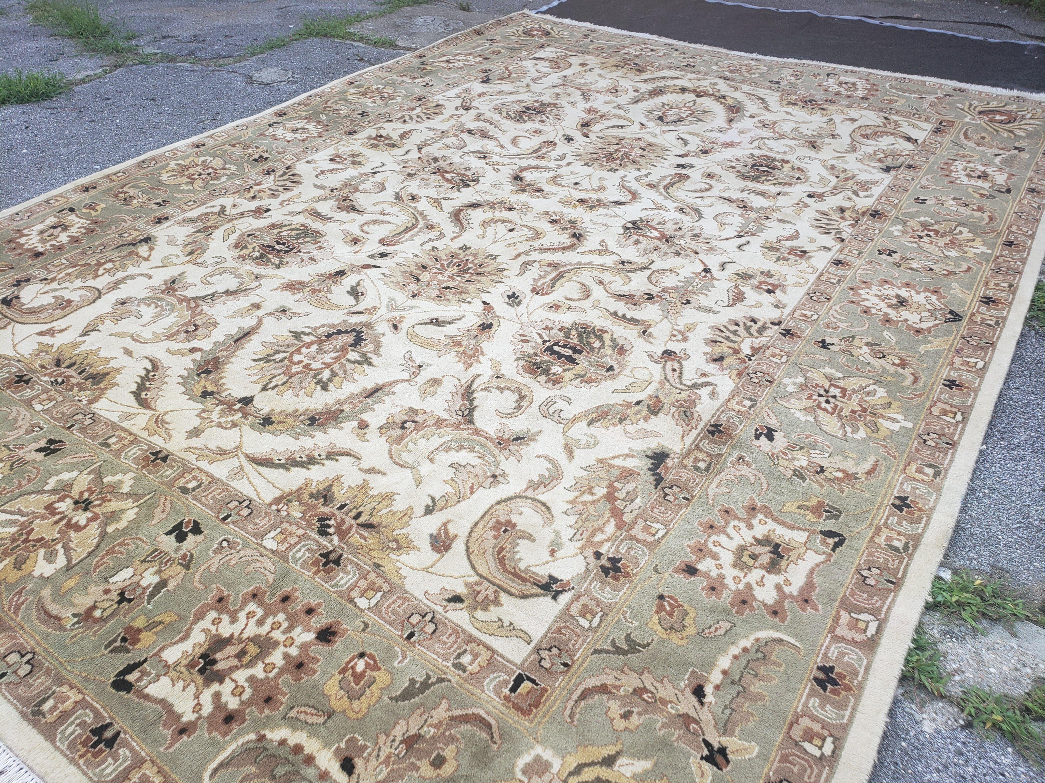 Vintage Indo Mahal Area Rug 10x14, Cream & Laurel Green Hand-Knotted Wool Carpet, Sultanabad Design Rug, 10 x 14 Indian Oriental Rug - Jewel Rugs