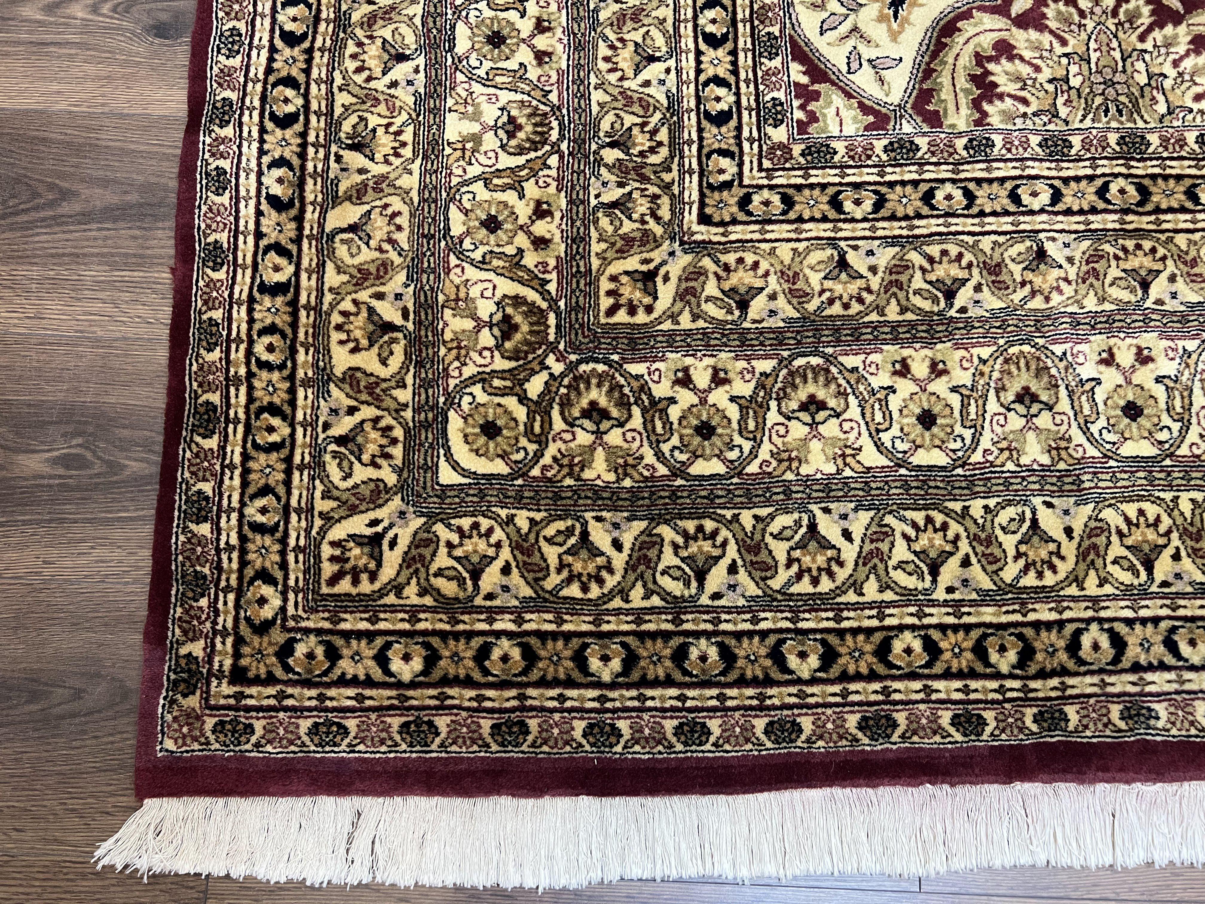 Pak Persian Rug 10x14, Large Vintage Area Rug 10 x 14, Kirman Panel Pakistani Carpet, Wool Hand-Knotted Cream and Maroon Rug Very Fine Weave - Jewel Rugs