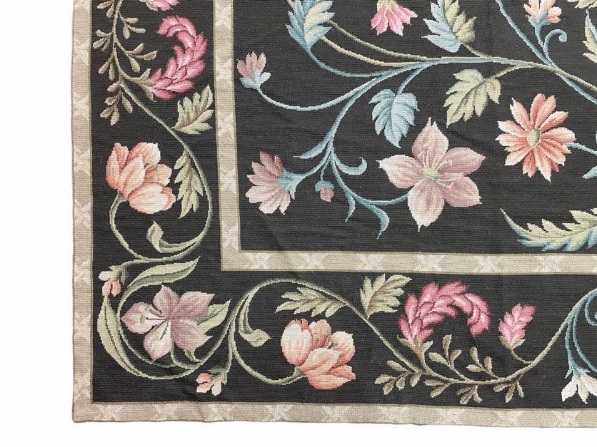 Black Aubusson Needlepoint Rug 9x12, Flatweave Carpet Floral Pattern, Flowers, European Design, Handmade Hand-Knotted Hand-Woven, Brand New - Jewel Rugs