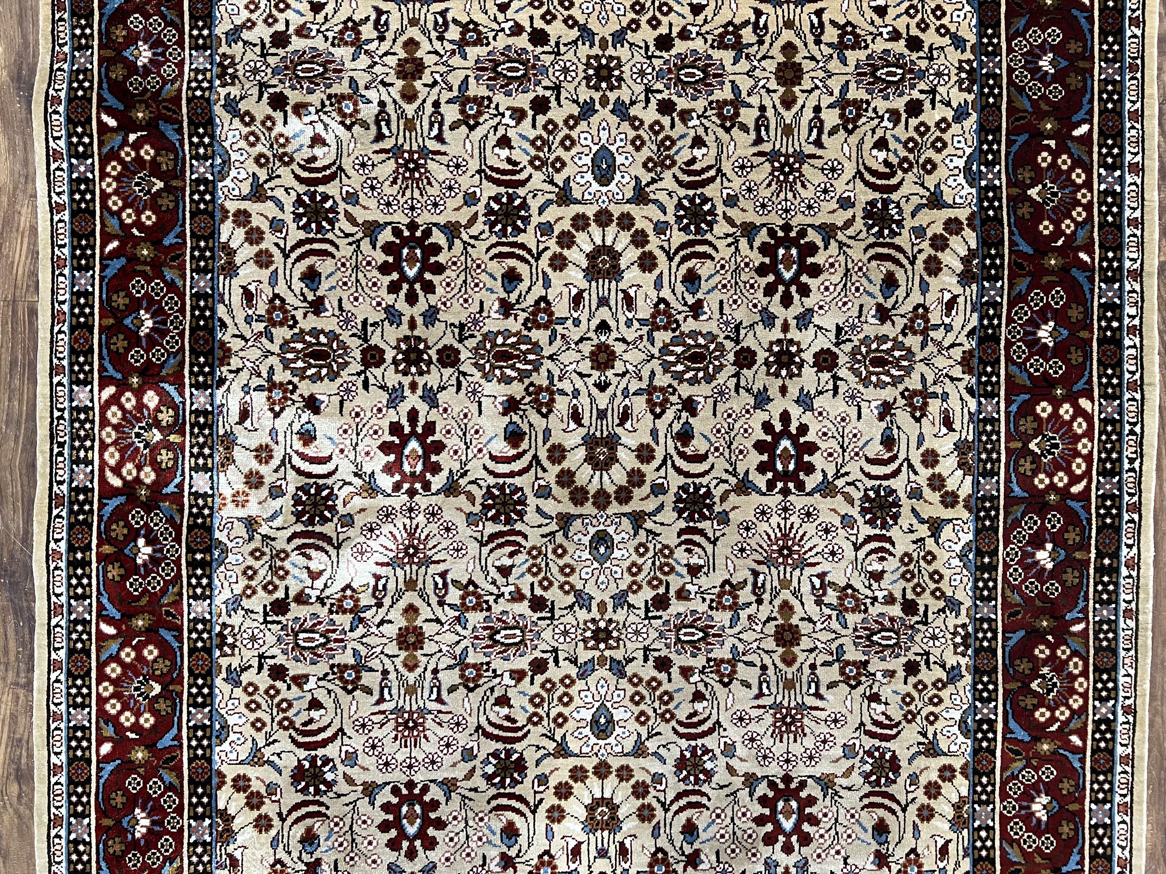 Fine Sino-Persian Silk Rug 3x5, High Quality Silk Carpet, Handmade Small Silk Rug, Allover Repeated Motif, Tan Maroon Blue Vintage Silk Rug - Jewel Rugs