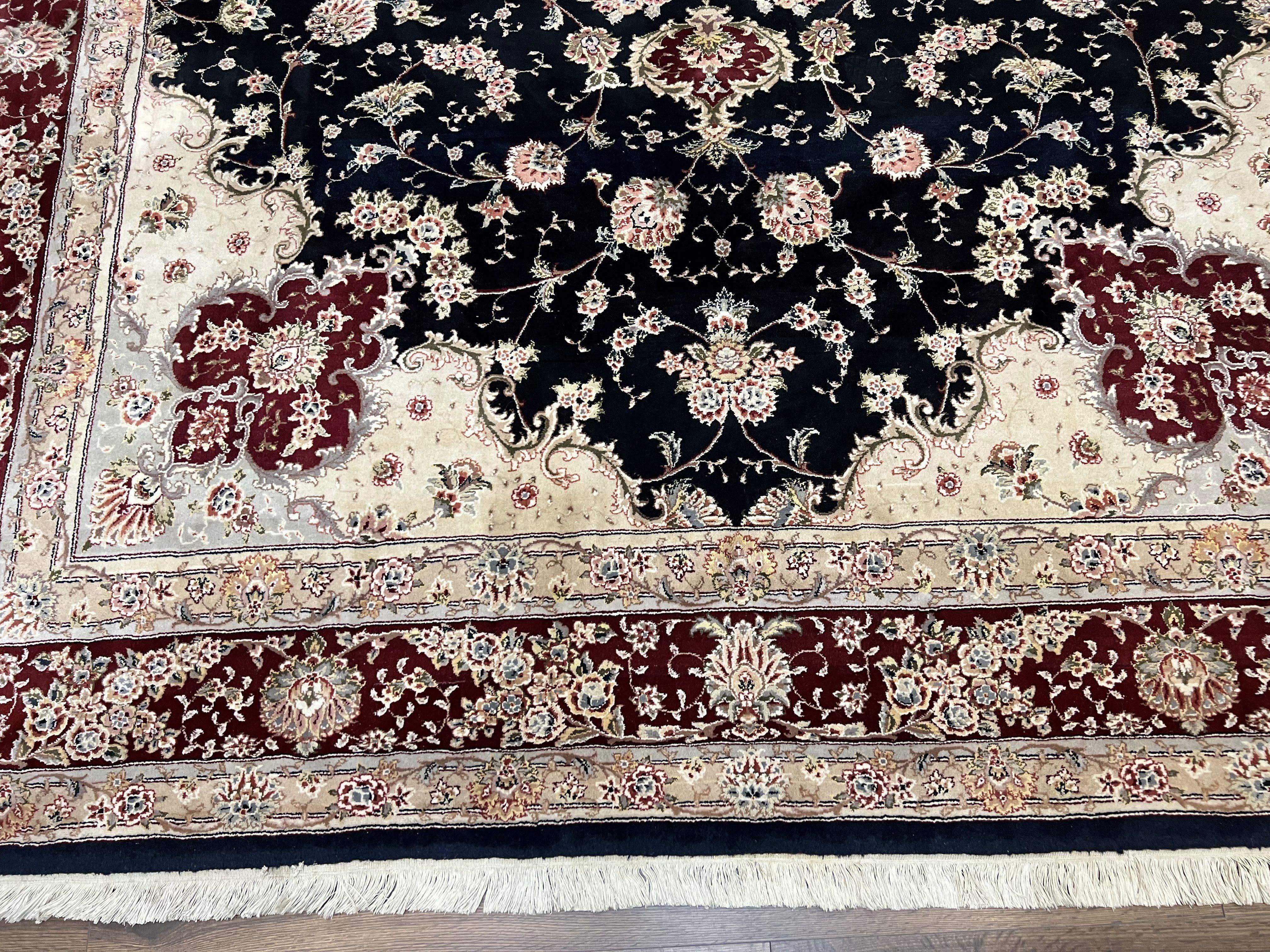 Pak Persian Rug 8.8 x 10.6, Floral Medallion, Wool and Silk Hand Knotted Fine Oriental Carpet, Elegant Rug, Black Gray Burgundy, Room Sized - Jewel Rugs