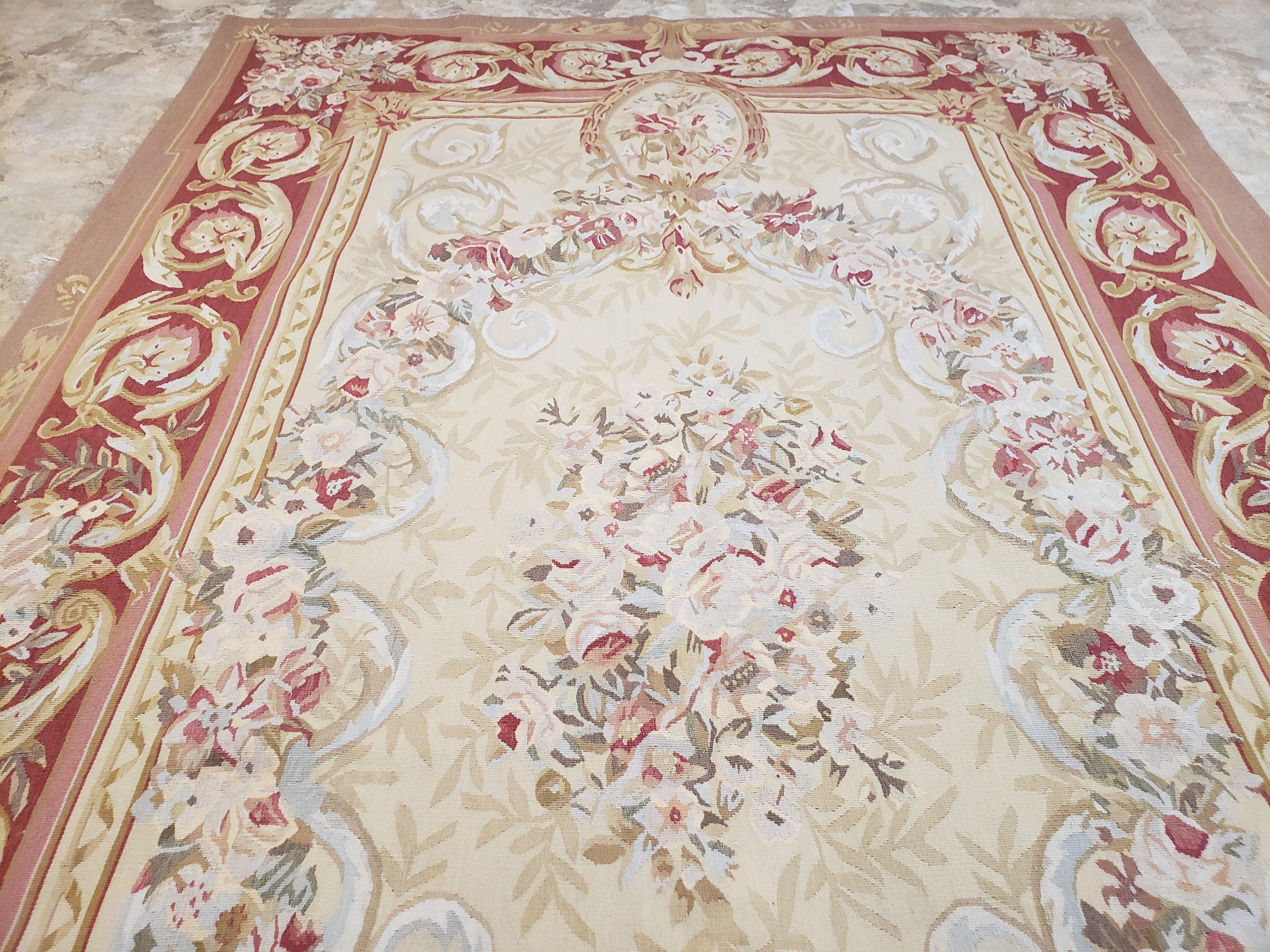 Aubusson Rug 6x9, Elegant Flatweave Rug, Aubusson Savonnerie 6 x 9 Flatweave Area Rug, Cream and Red, Wool Hand Woven Carpet, Medium Size - Jewel Rugs