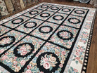 Floral Panel Needlepoint Rug, 9x13 - 10x14 Aubusson Rug, Large Needlepoint with Flowers, Black and Ivory Flatweave Aubusson, Multicolor - Jewel Rugs