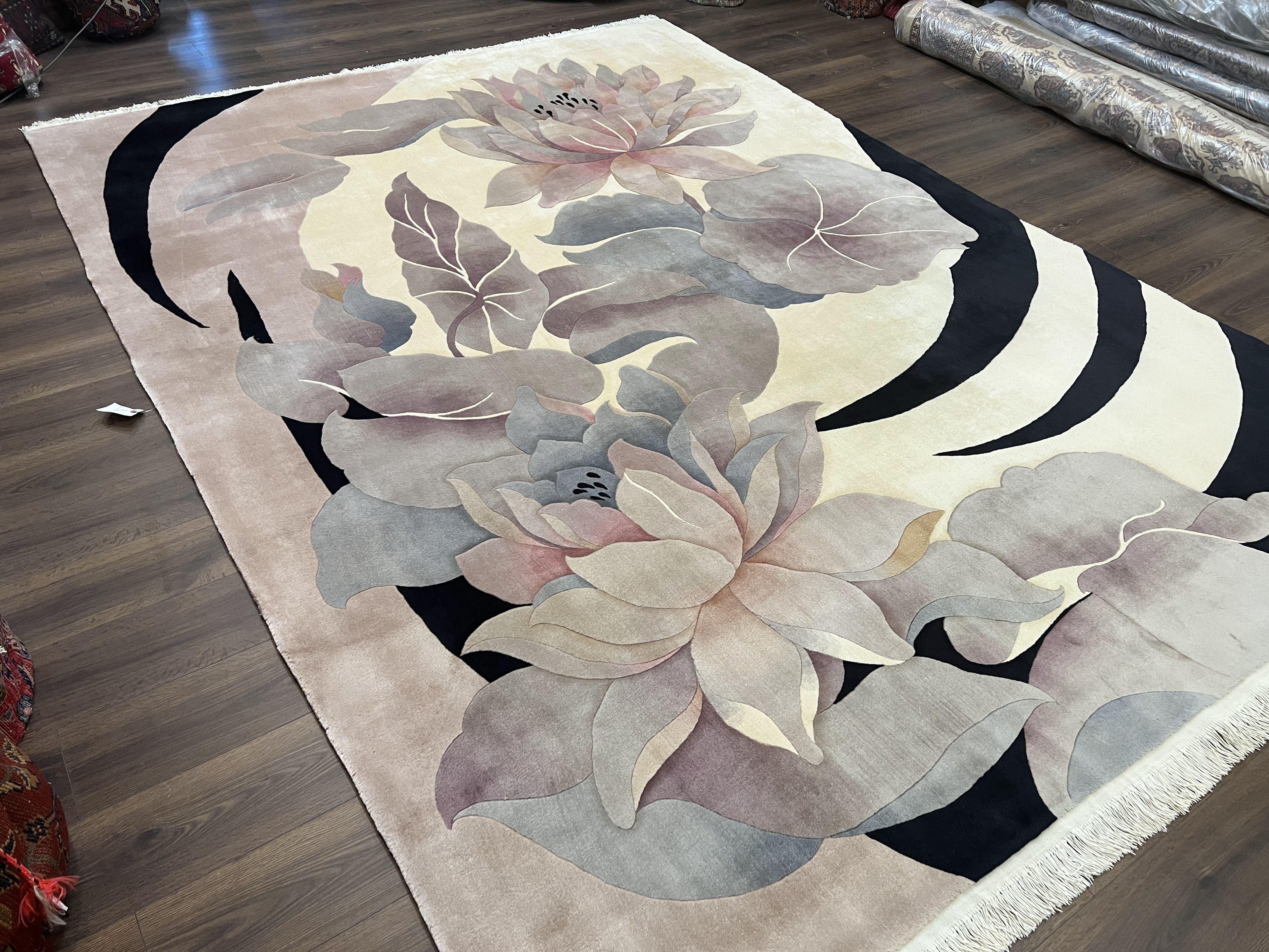 Chinese Wool Rug 9x12, Large Floral Modern Design, Soft Plush Pile, 120 Line Very Fine Chinese Carpet, Cream Gray Black, Unique Vintage Rug - Jewel Rugs