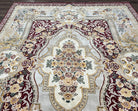 Aubusson Savonnerie Rug 9x12, Vintage French Aubusson Wool Carpet 9 x 12, Burgundy Light Blue Gold, Handmade with Pile Elegant Floral Rug - Jewel Rugs