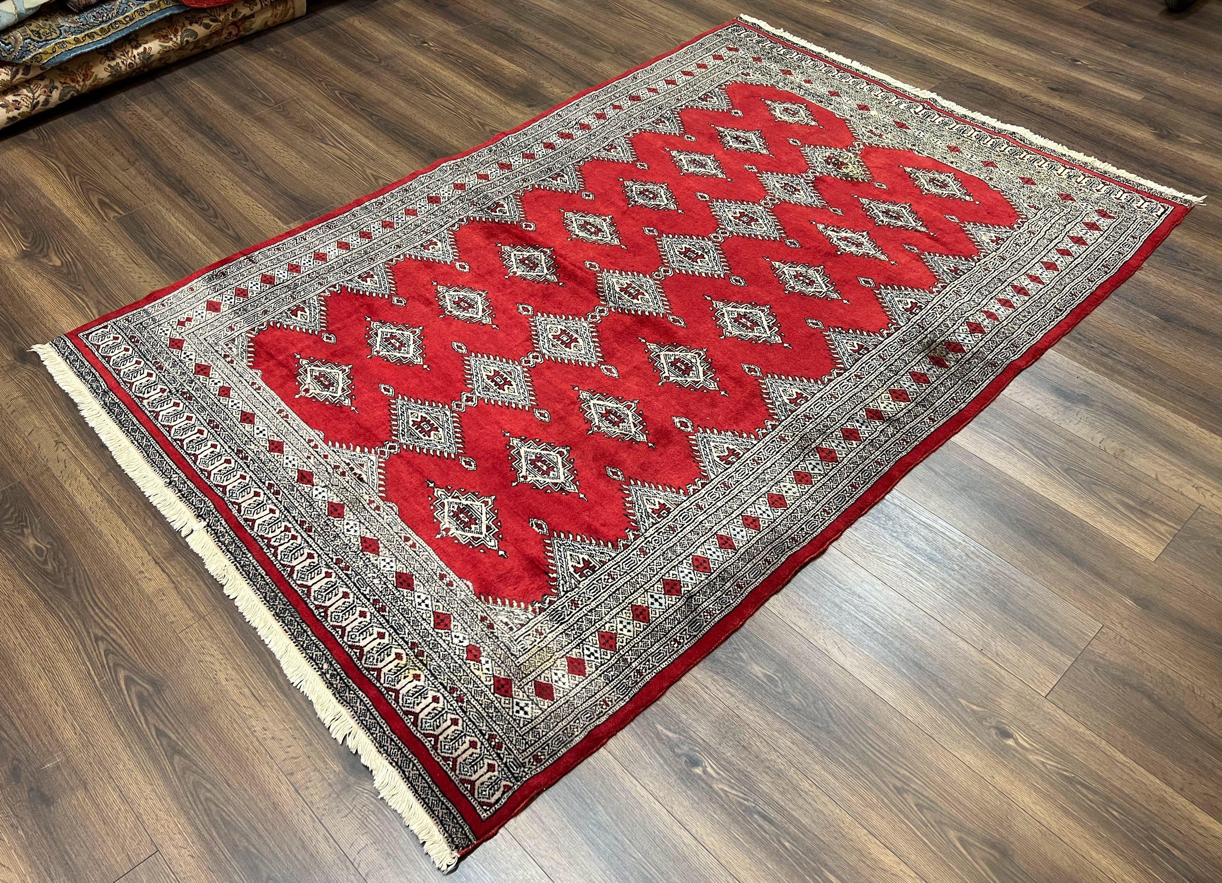 Pakistani Turkoman Rug 5x8, Turkmen Bokhara Carpet 5 x 8 ft, Red and Black, Vintage Hand Knotted Wool Area Rug, Medium Size, Bukhara Rug - Jewel Rugs