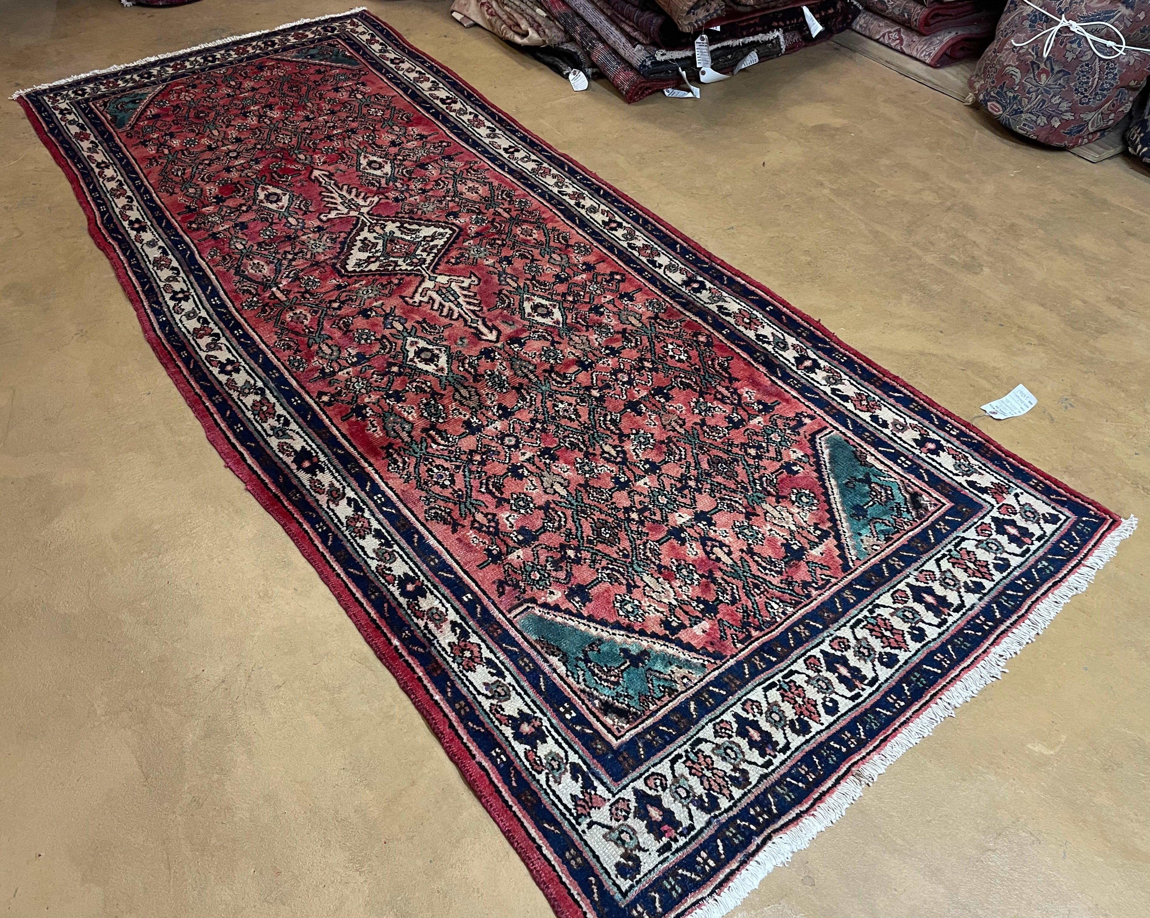 Persian Tribal Runner Rug 3.9 x 9.7, Persian Hamadan Dargazin Runner, Hand Knotted Antique Wool Vegetable Dyed Hallway Runner, Red Off White Teal, Herati Pattern - Jewel Rugs