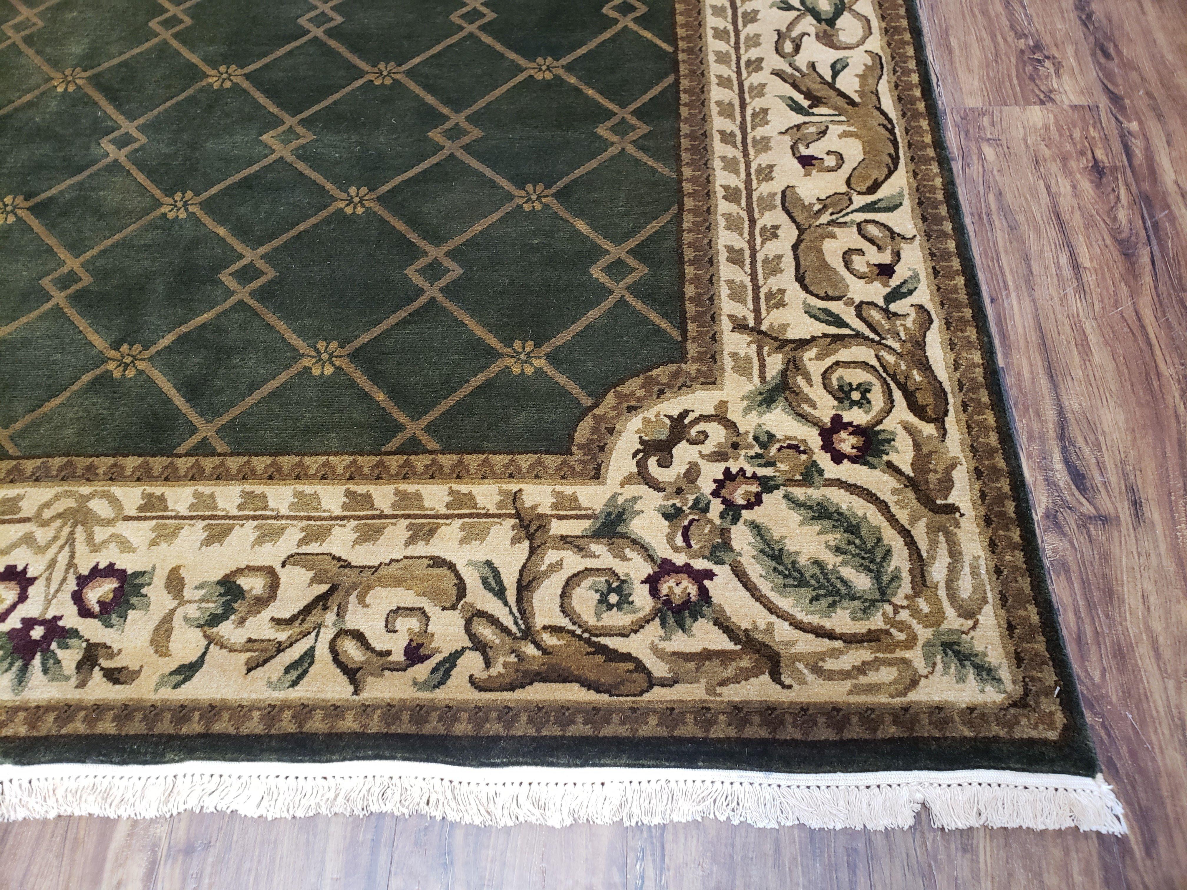 Vintage Napalese Aubusson Rug 6x9, Hunter Green & Beige Hand-Knotted Wool Carpet, 6 x 9 European Design Carpet, Handmade New Rug, Office Rug - Jewel Rugs