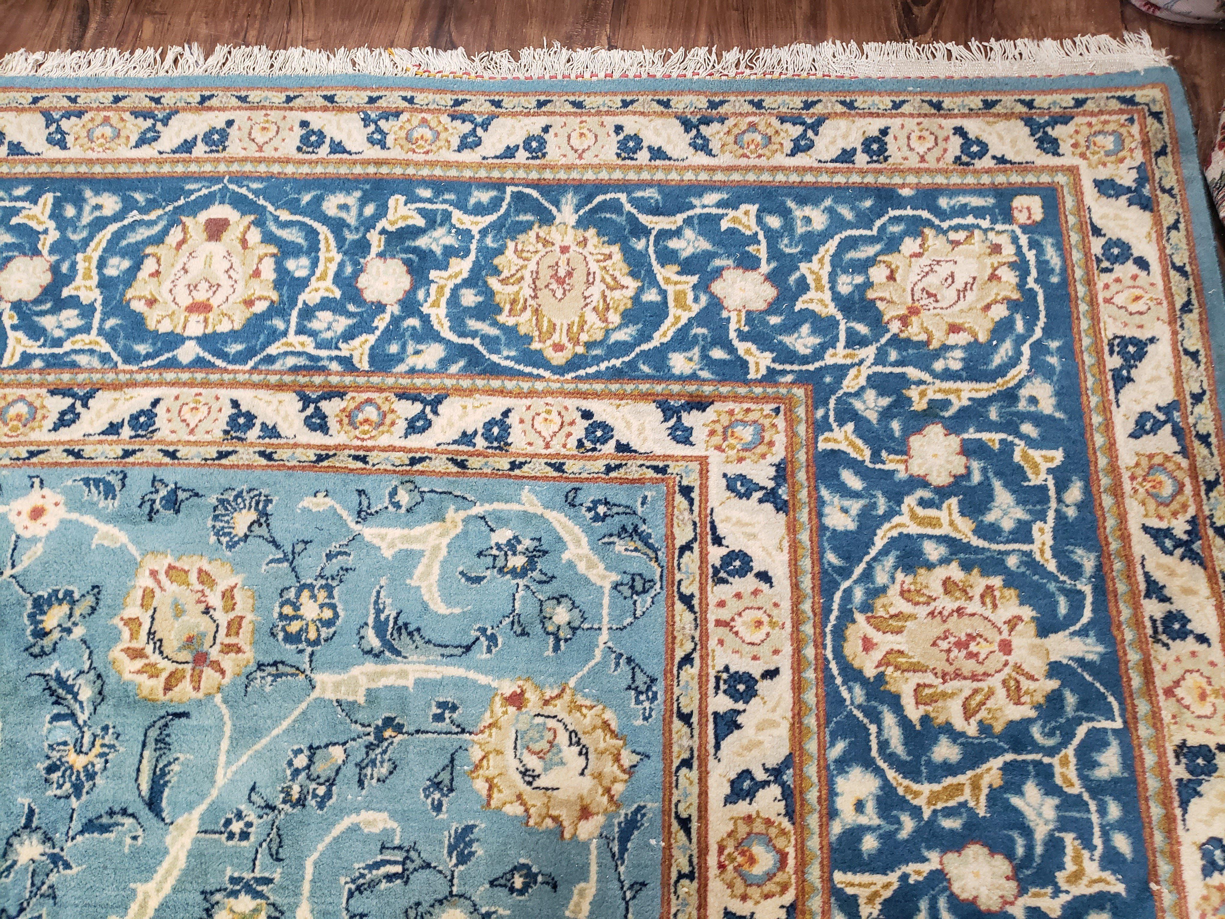 Semi Antique Persian Kashan Rug, Afshan Design, Blue and Ivory, Hand-Knotted, Wool, 8'9" x 12' 6" - Jewel Rugs