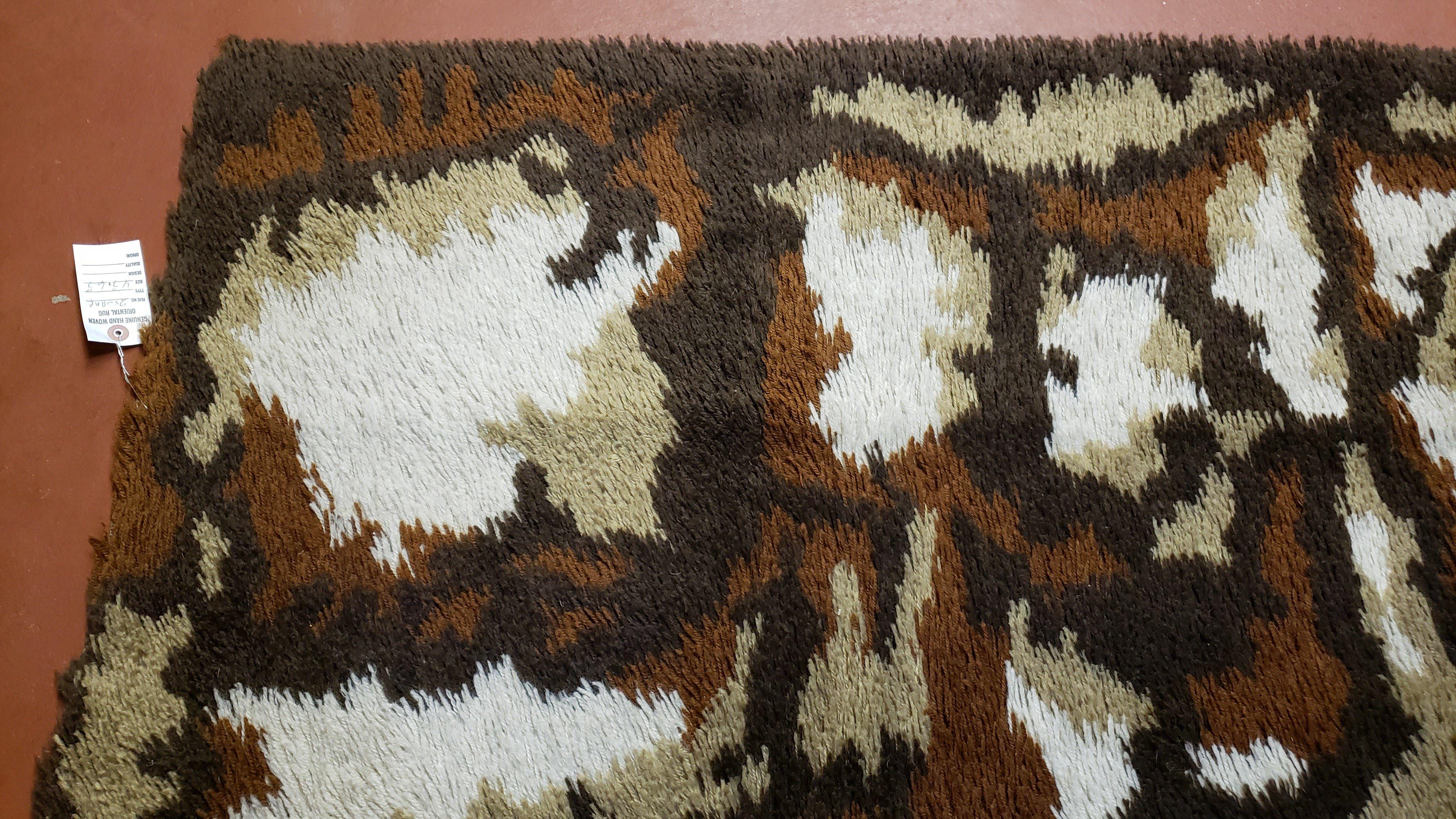 4.7 x 6.7 Rya Rug Danish Mid-Century Shag Rug Modern Abstract 1960s Carpet Brown Cream Tan Beige Area Rug 4x7 5x7 4x6 5x6 - Jewel Rugs