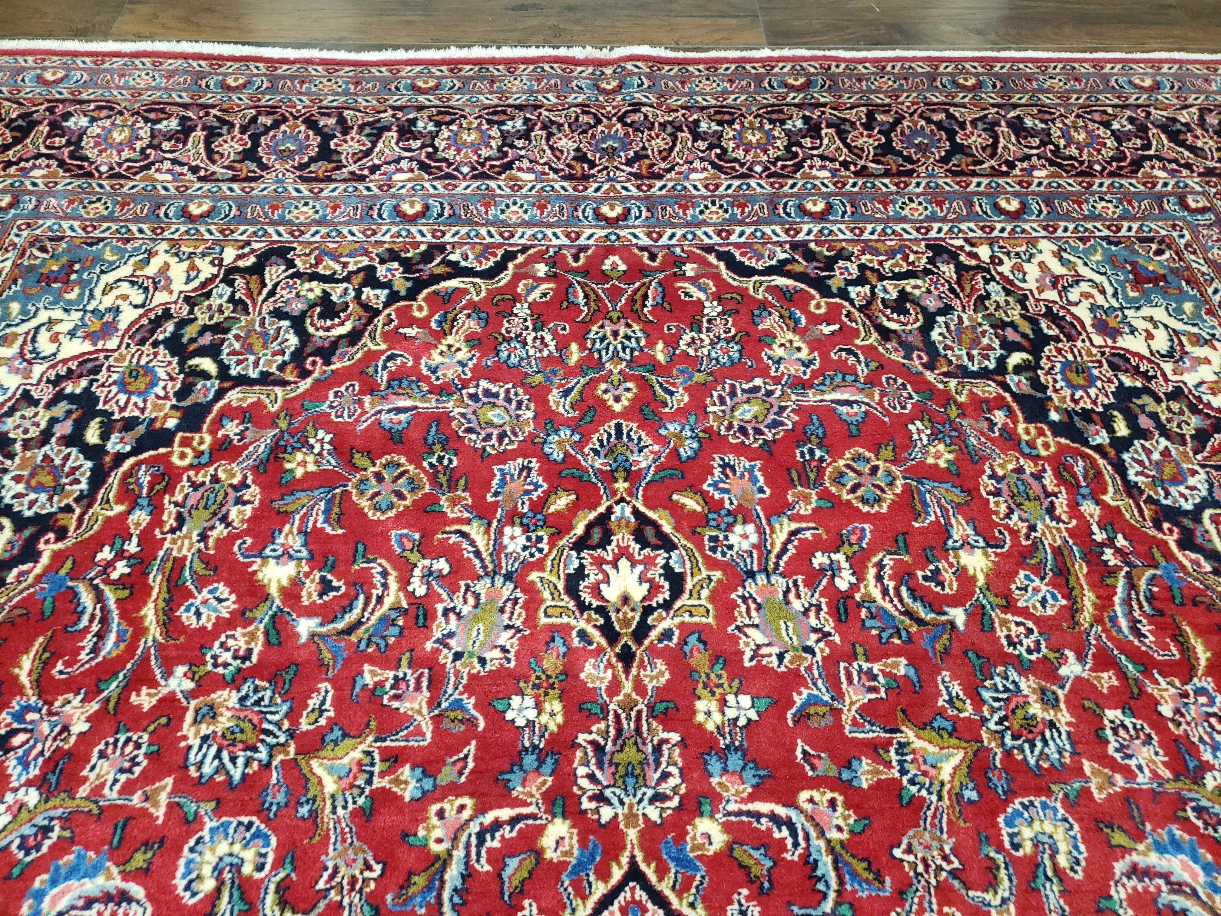 Persian Kashan Rug 9.6 x 13.5, Red and Blue Antique Persian Carpet, Hand Knotted, Medallion Allover Floral, High Quality Large Wool Carpet - Jewel Rugs